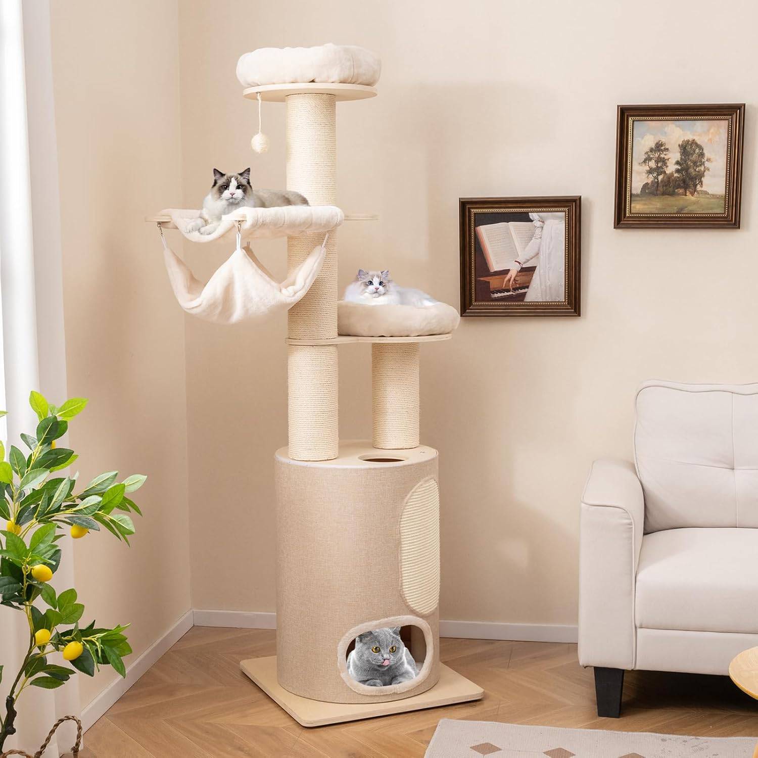 Costway - Arbre à Chat XXL 187 cm, Tour Chat Griffoir avec 4 Trous, 2 Poteaux à Griffer ɸ14.2 cm, Tour pour Chat Interieur avec 2 Plateformes, Natruel - Image 2