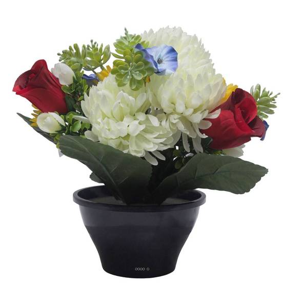 Vasque de Dahlia, Chrysantheme, mini fleurs Crème artificiels pour la toussaint - couleur: Crème - Image 1