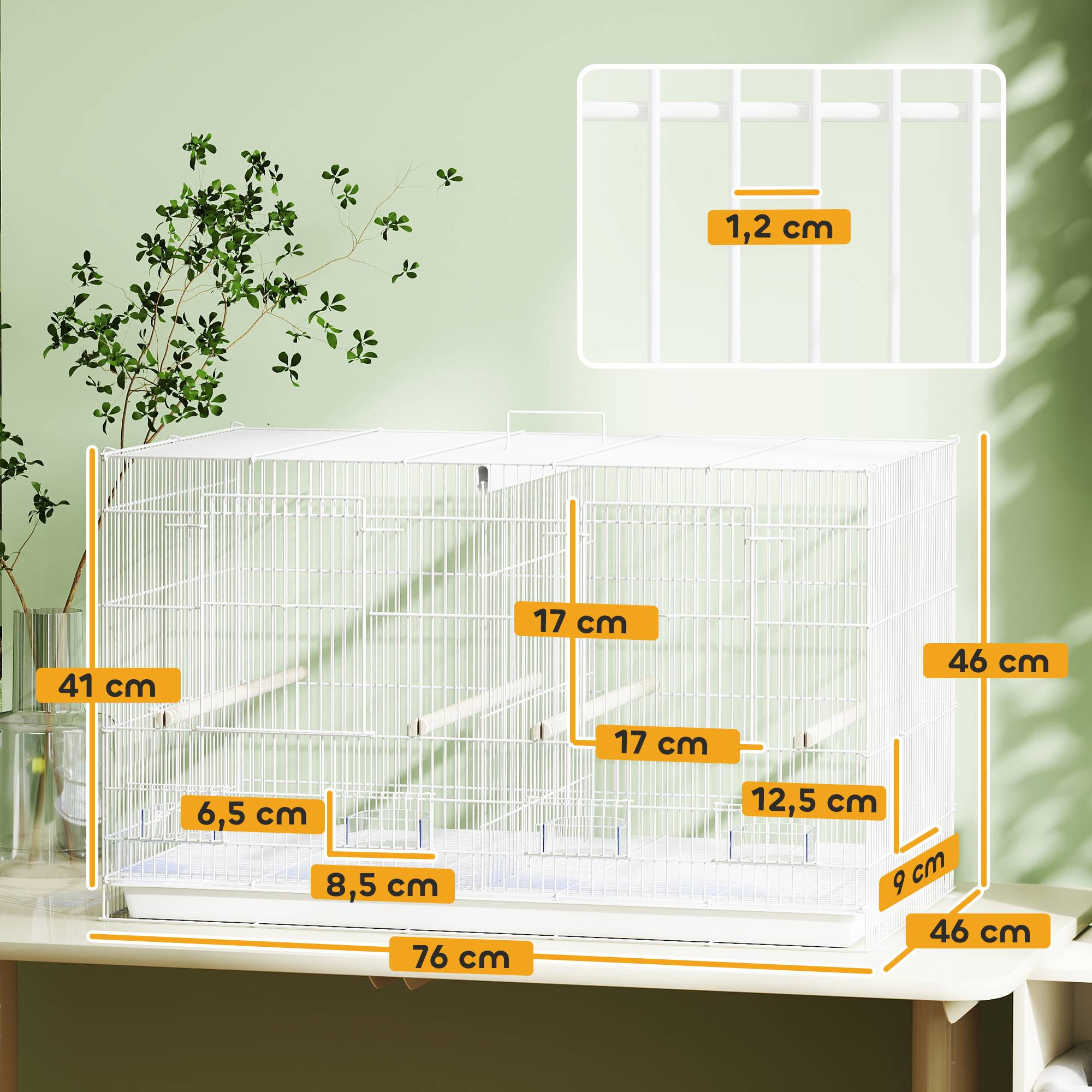 Sans Marque - Cage à Oiseaux Volière Intérieur Acier avec Séparateur, 4 Perchoirs, Plateau Coulissant, 4 Mangeoires, 76x46x46cm, Blanc - Image 5