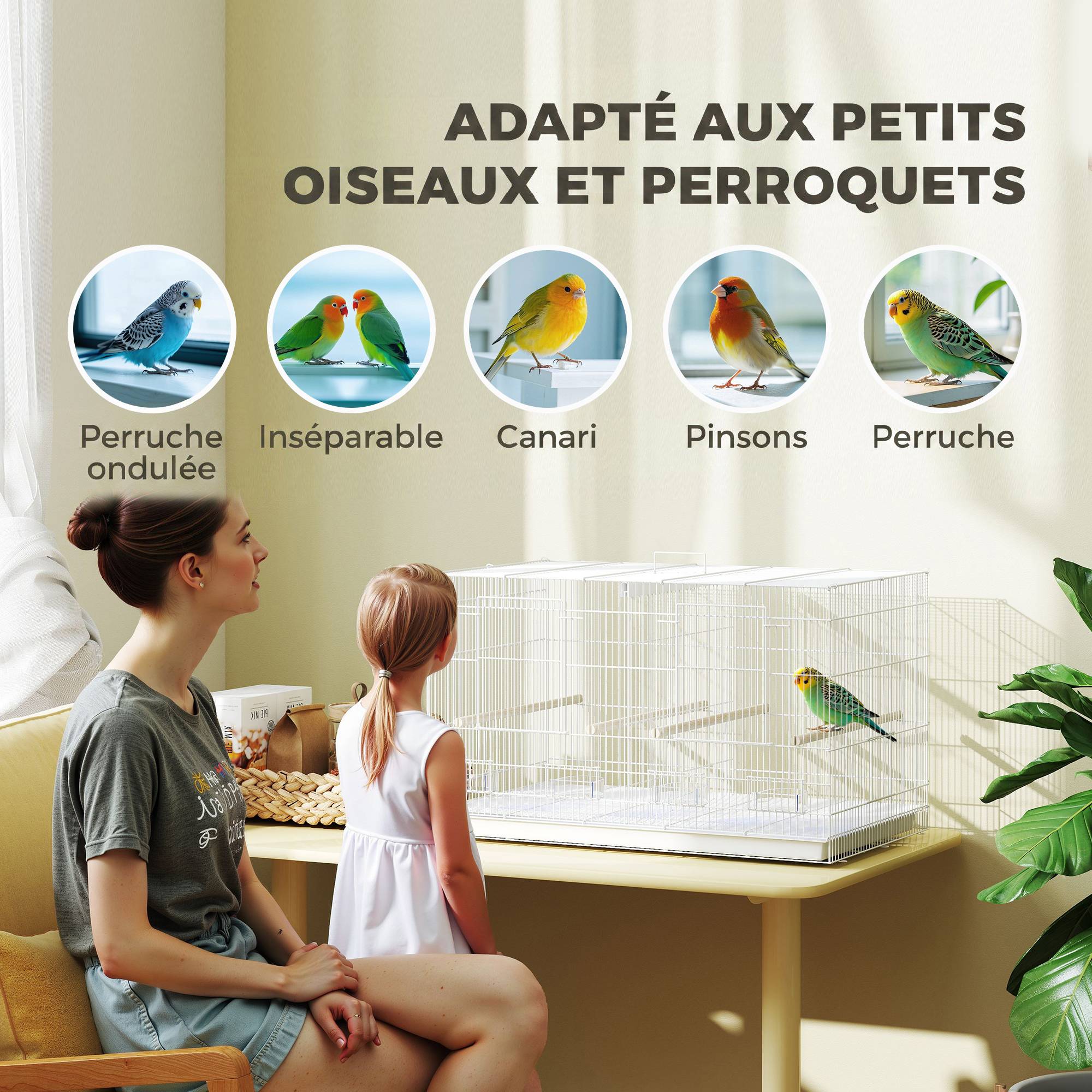 Sans Marque - Cage à Oiseaux Volière Intérieur Acier avec Séparateur, 4 Perchoirs, Plateau Coulissant, 4 Mangeoires, 76x46x46cm, Blanc - Image 10