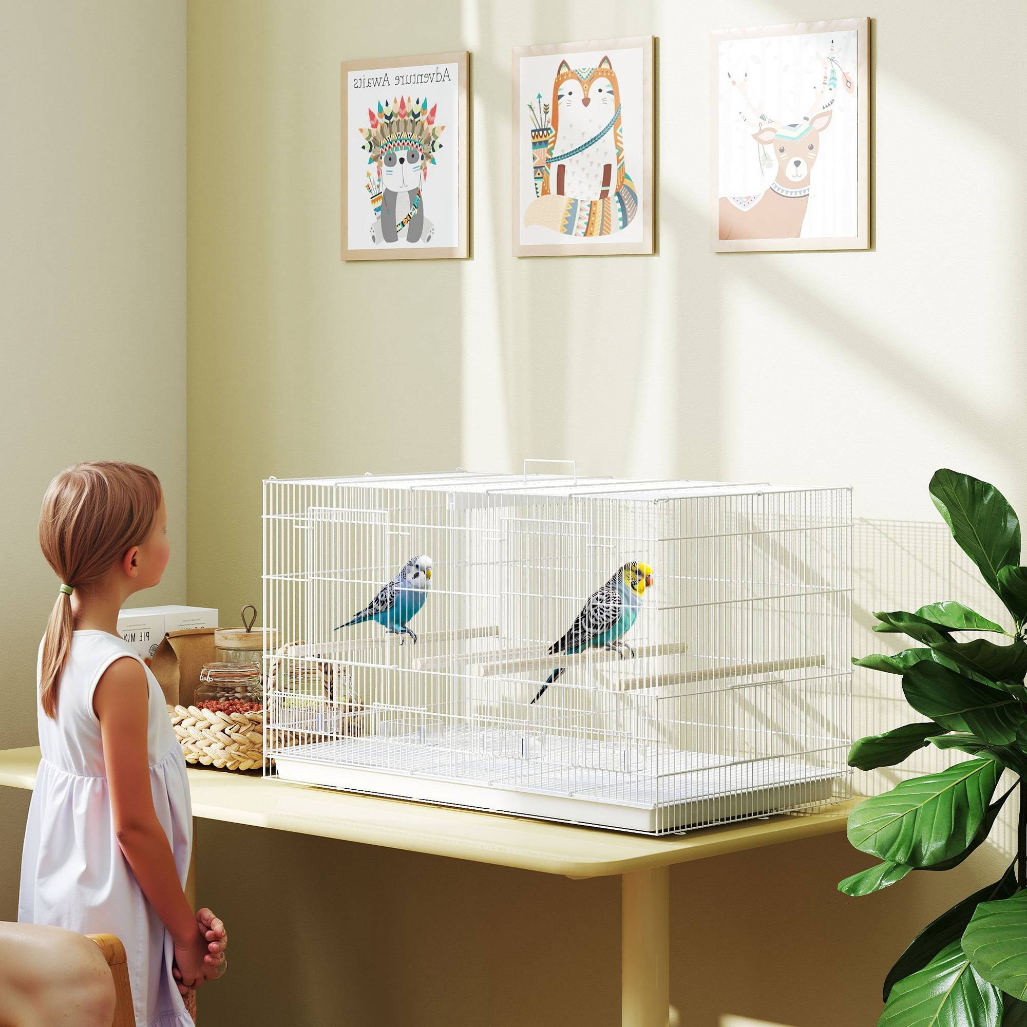 Sans Marque - Cage à Oiseaux Volière Intérieur Acier avec Séparateur, 4 Perchoirs, Plateau Coulissant, 4 Mangeoires, 76x46x46cm, Blanc - Image 3