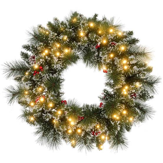ComfortXL - Couronne de Noël lumineuse en plastique vert Ø 60 cm pour porte avec baies rouges 50 LED et minuterie 6 h - Image 2