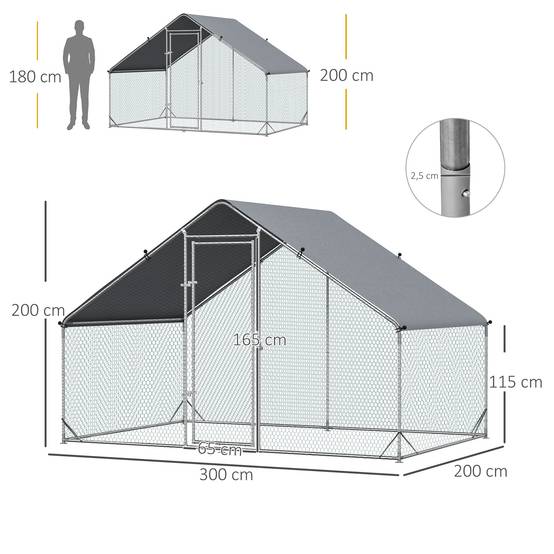 Enclos Poulailler Extérieur Acier Galvanisé 6m² Poules Lapins Toit Bâche 3x2x2m Argent - ComfortXL Pet Living - Image 3