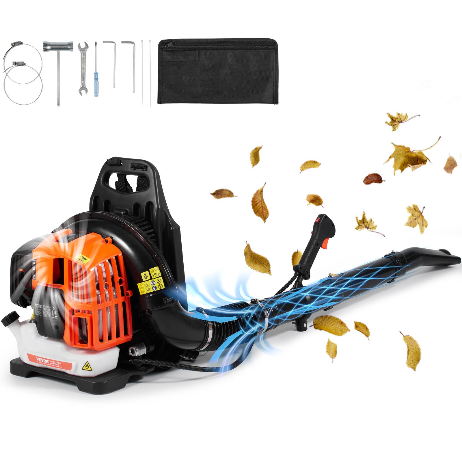 VEVOR Souffleur feuilles essence 52 CC, 2 temps, 480 CFM, réservoir 1,37 L. Dos, pelouse, feuilles.