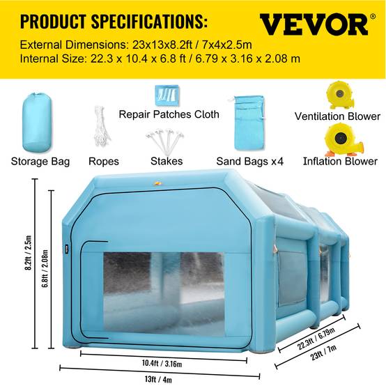 VEVOR Cabine peinture gonflable 7x4x2.5m, Oxford, 2 souffleurs, filtration, station de travail automobile. - Image 7