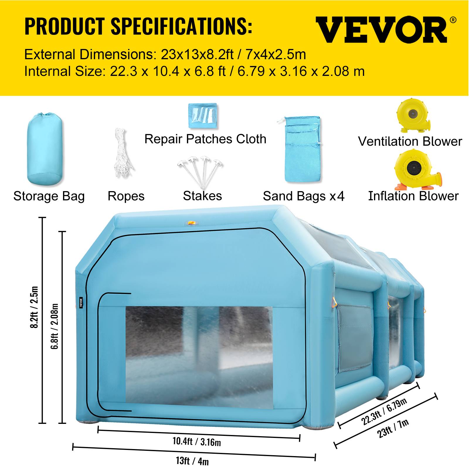 VEVOR Cabine peinture gonflable 7x4x2.5m, Oxford, 2 souffleurs, filtration, station de travail automobile. - Image 7