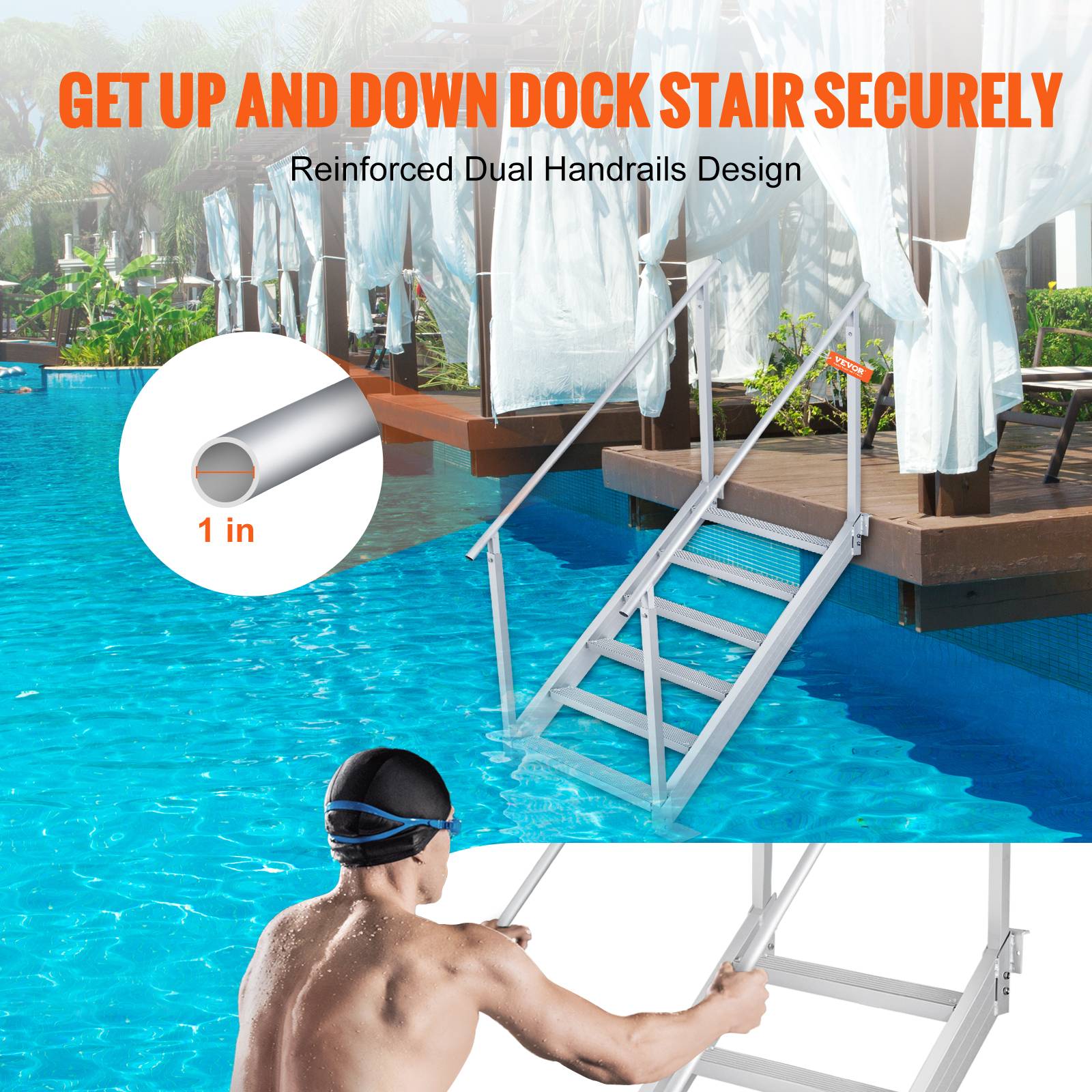 Vevor - VEVOR Echelle de ponton, hauteur réglable 109-130 cm, 6 marches aluminium, charge 226 kg. Pour bateaux, piscine. - Image 5