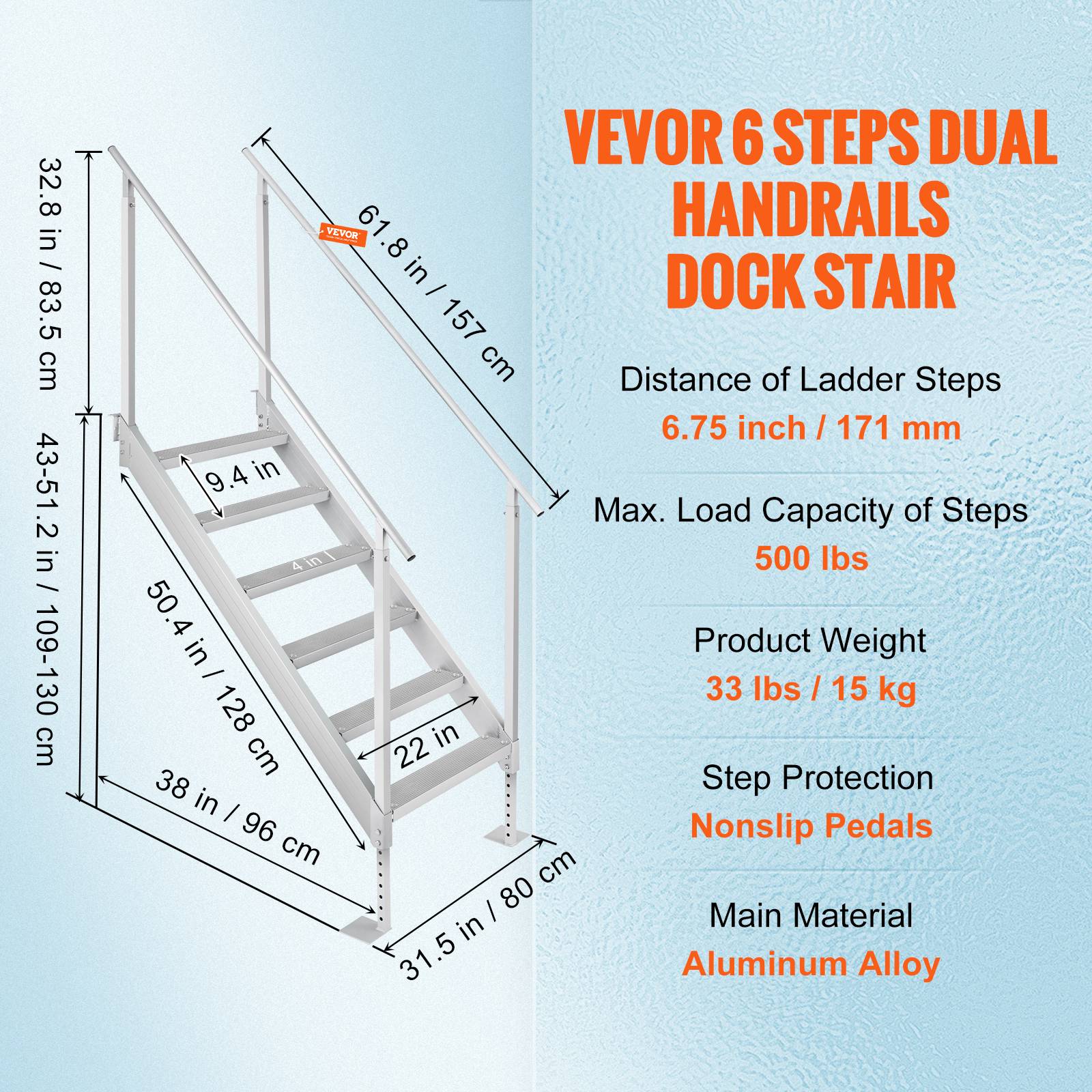 Vevor - VEVOR Echelle de ponton, hauteur réglable 109-130 cm, 6 marches aluminium, charge 226 kg. Pour bateaux, piscine. - Image 7