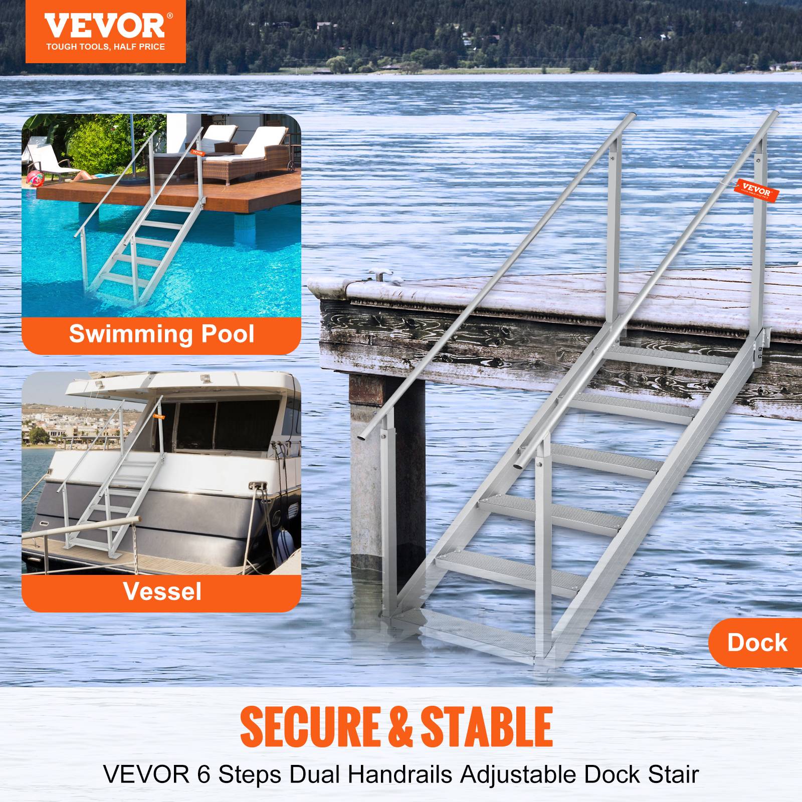 Vevor - VEVOR Echelle de ponton, hauteur réglable 109-130 cm, 6 marches aluminium, charge 226 kg. Pour bateaux, piscine. - Image 2