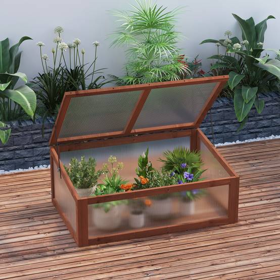 Mini Serre de jardin bois polycarbonate pour semis avec toit ouvrant 100x65x40cm - ComfortXL Outdoor Living - Image 3