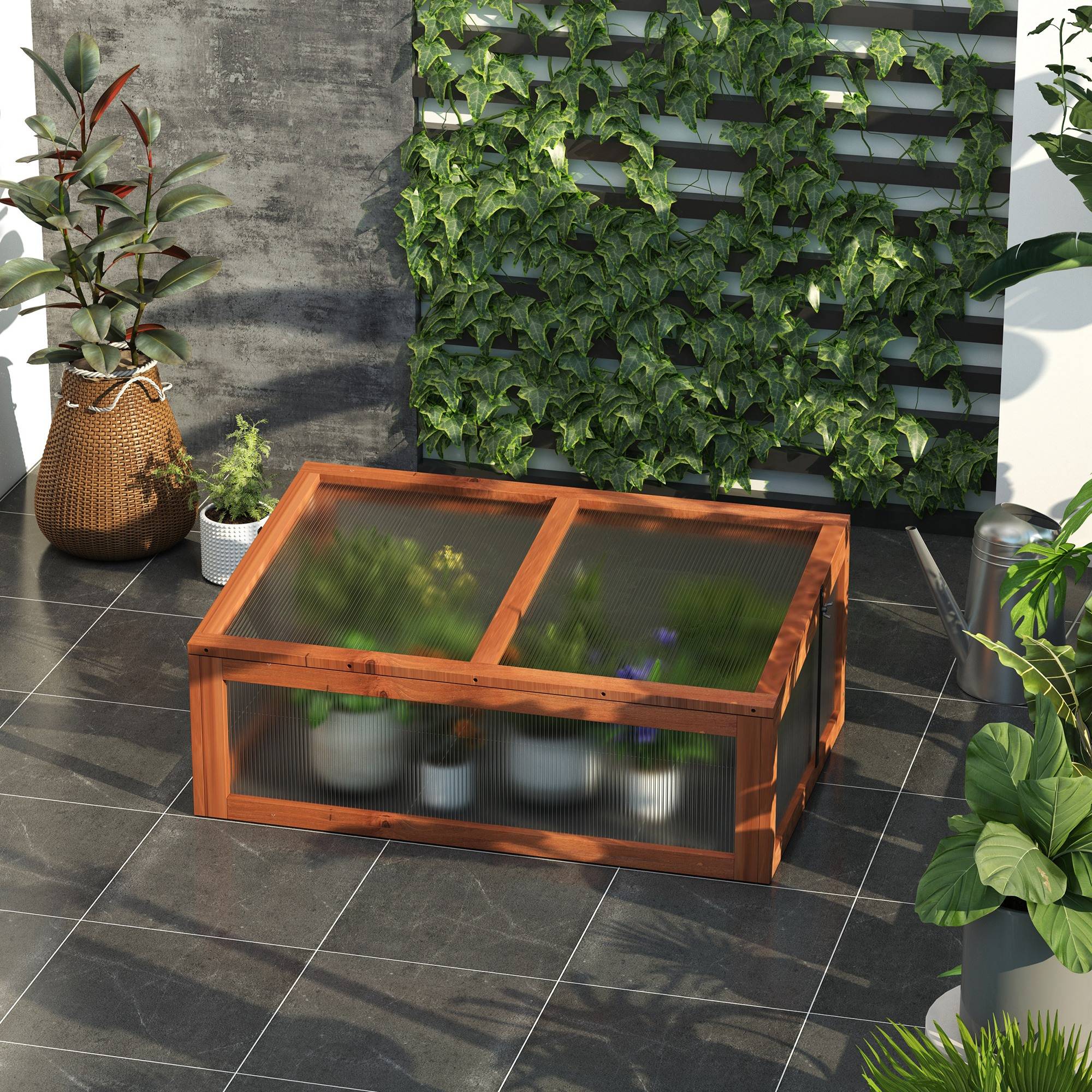 Mini Serre de jardin bois polycarbonate pour semis avec toit ouvrant 100x65x40cm - ComfortXL Outdoor Living - Image 4