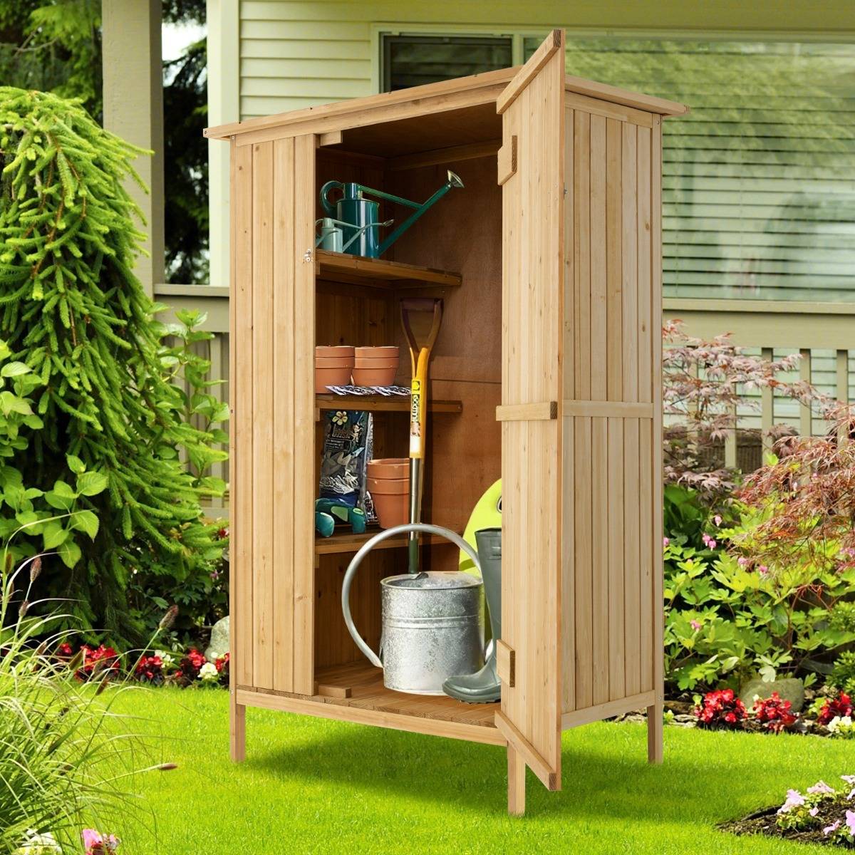 Armoire de Rangement 0.6m² Extérieure Abri de Jardin Sapin avec Toit en Asphalte 3 Étagères Porte Verrouillable Naturel F47R MAISON CHIC - Image 2
