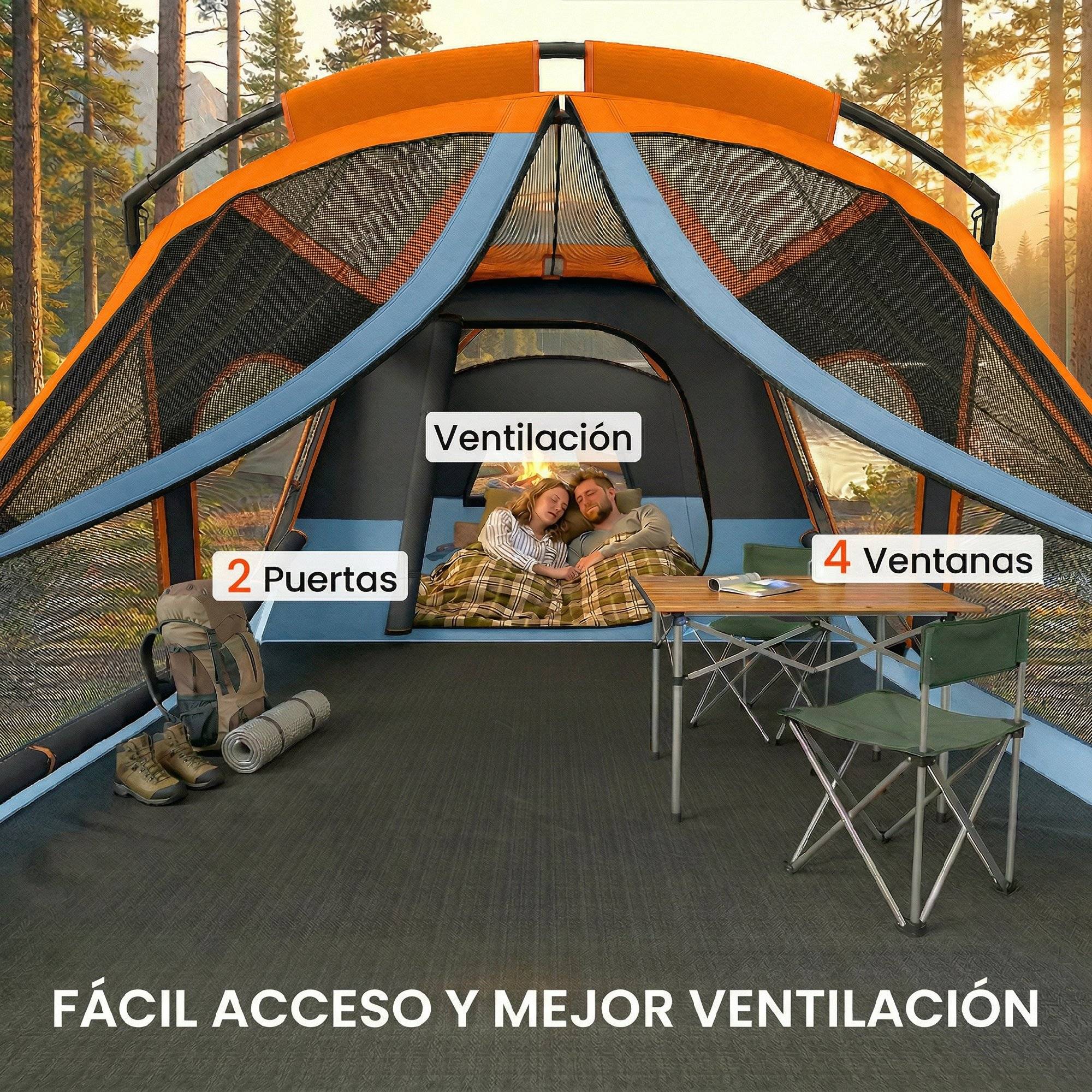 Tente tunnel familiale pour 4 personnes avec 2 pièces, portes, puits de lumière, imperméable, montage facile - Image 8
