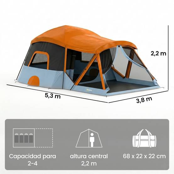 Tente tunnel familiale pour 4 personnes avec 2 pièces, portes, puits de lumière, imperméable, montage facile - Image 5