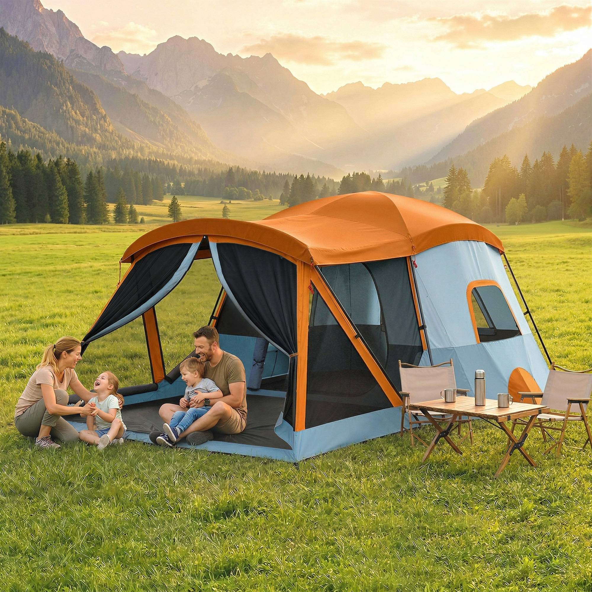 Tente tunnel familiale pour 4 personnes avec 2 pièces, portes, puits de lumière, imperméable, montage facile - Image 3