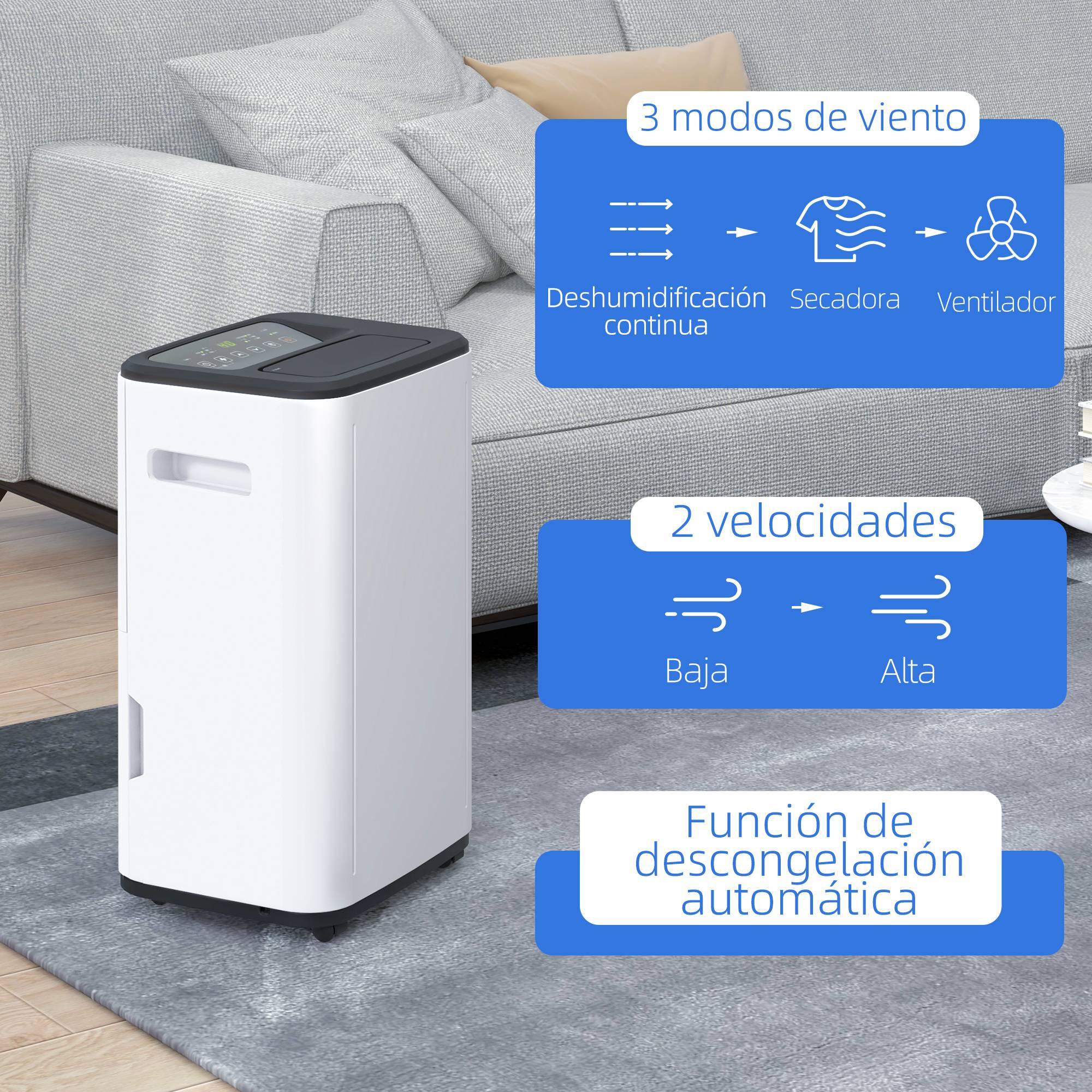 Déshumidificateur électrique 20L/jour réservoir 6L, 3 modes 2 vitesses, minuterie, 33,5x26x53cm, blanc - Image 7