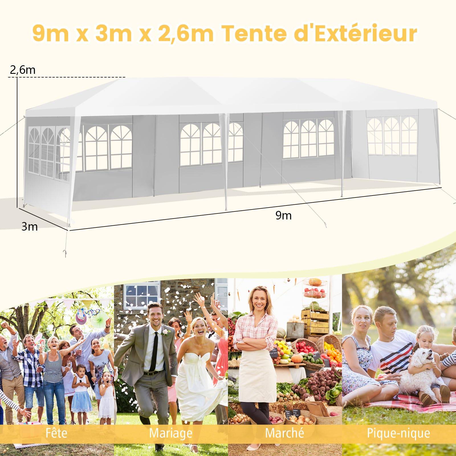 Tonnelle de Jardin 3x9m Acier, Tente de Réception avec 5 Murs Amovibles, Fenêtre sur Côté, Piquets de Terre Solides pour Fêtes, Mariage, BBQ, Blanc - Image 5