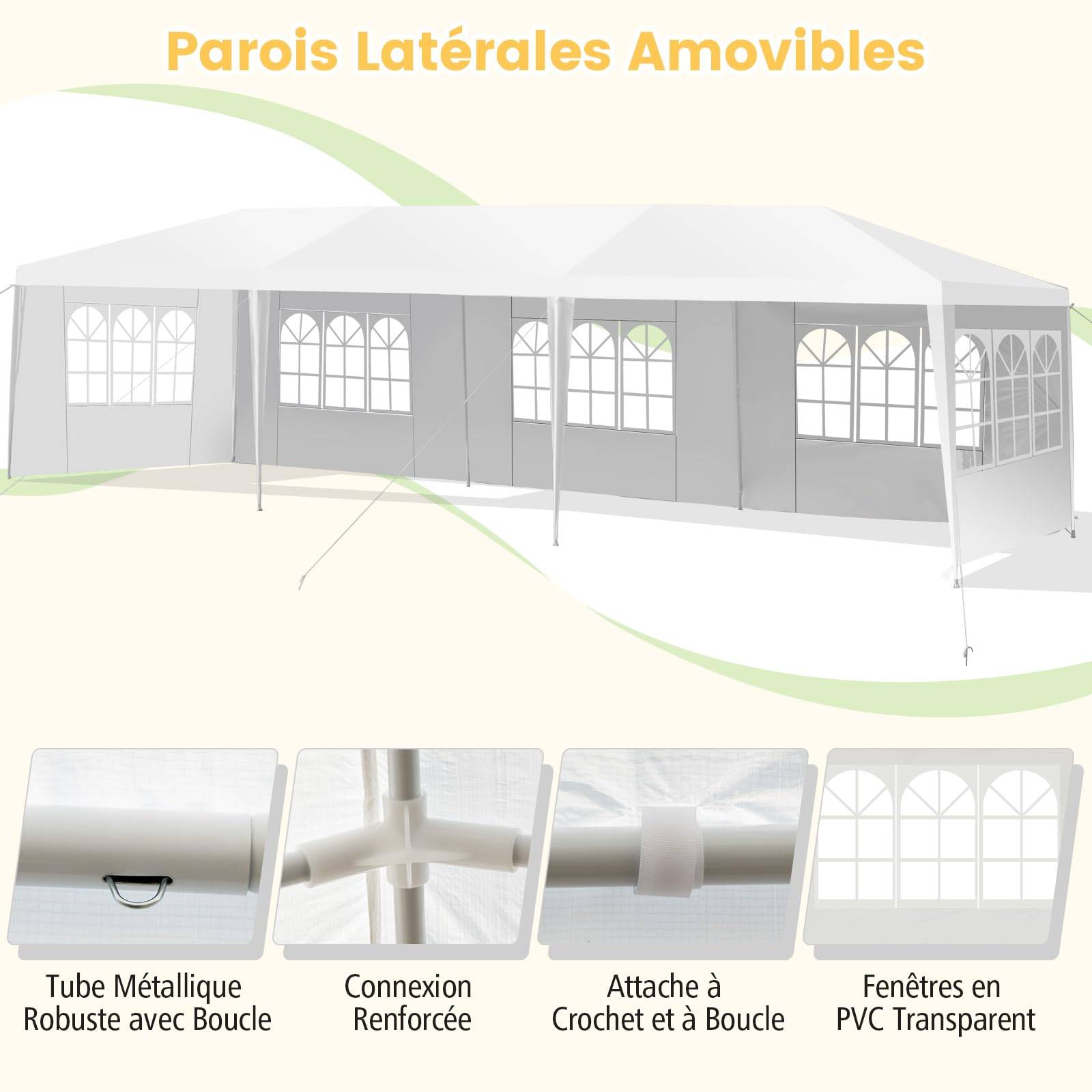 Tonnelle de Jardin 3x9m Acier, Tente de Réception avec 5 Murs Amovibles, Fenêtre sur Côté, Piquets de Terre Solides pour Fêtes, Mariage, BBQ, Blanc - Image 3