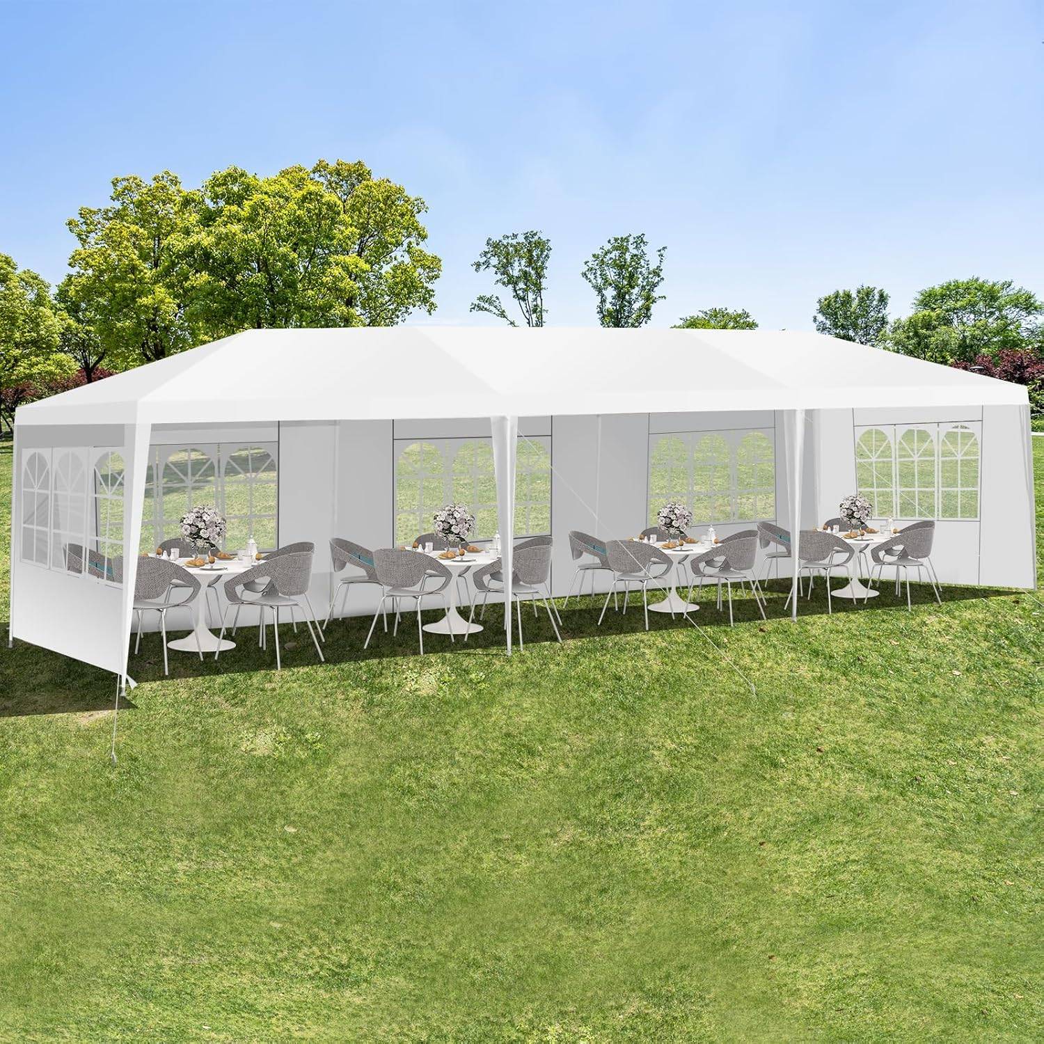 Tonnelle de Jardin 3x9m Acier, Tente de Réception avec 5 Murs Amovibles, Fenêtre sur Côté, Piquets de Terre Solides pour Fêtes, Mariage, BBQ, Blanc - Image 1