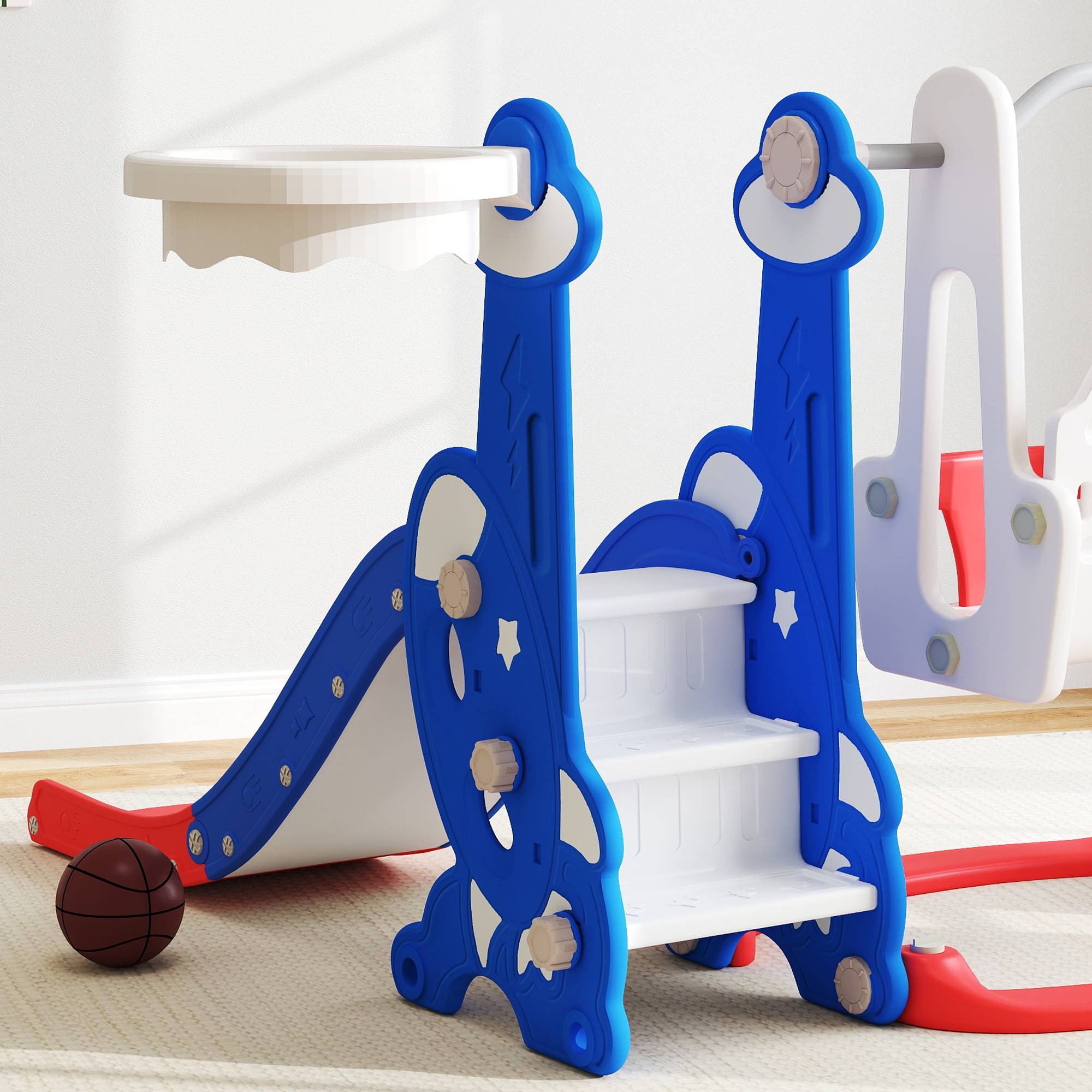Toboggan enfant 4-en-1 avec balançoire, échelle d’escalade et panier de basket, pour 18 à 48 mois, bleu foncé, jeu ludique et sécurisé - Image 9