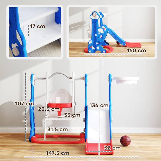 Toboggan enfant 4-en-1 avec balançoire, échelle d’escalade et panier de basket, pour 18 à 48 mois, bleu foncé, jeu ludique et sécurisé - Image 3