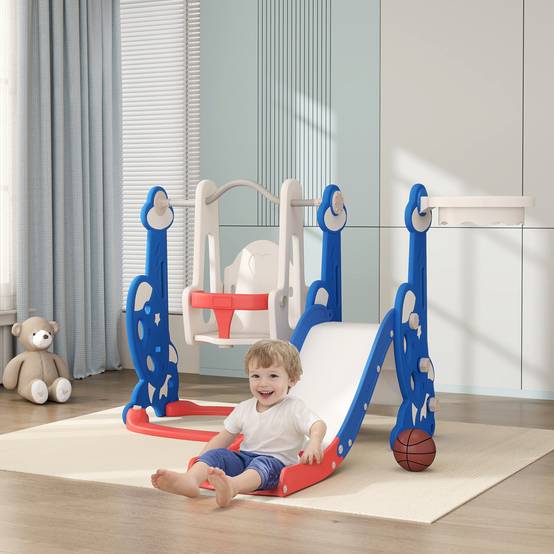 Toboggan enfant 4-en-1 avec balançoire, échelle d’escalade et panier de basket, pour 18 à 48 mois, bleu foncé, jeu ludique et sécurisé - Image 1