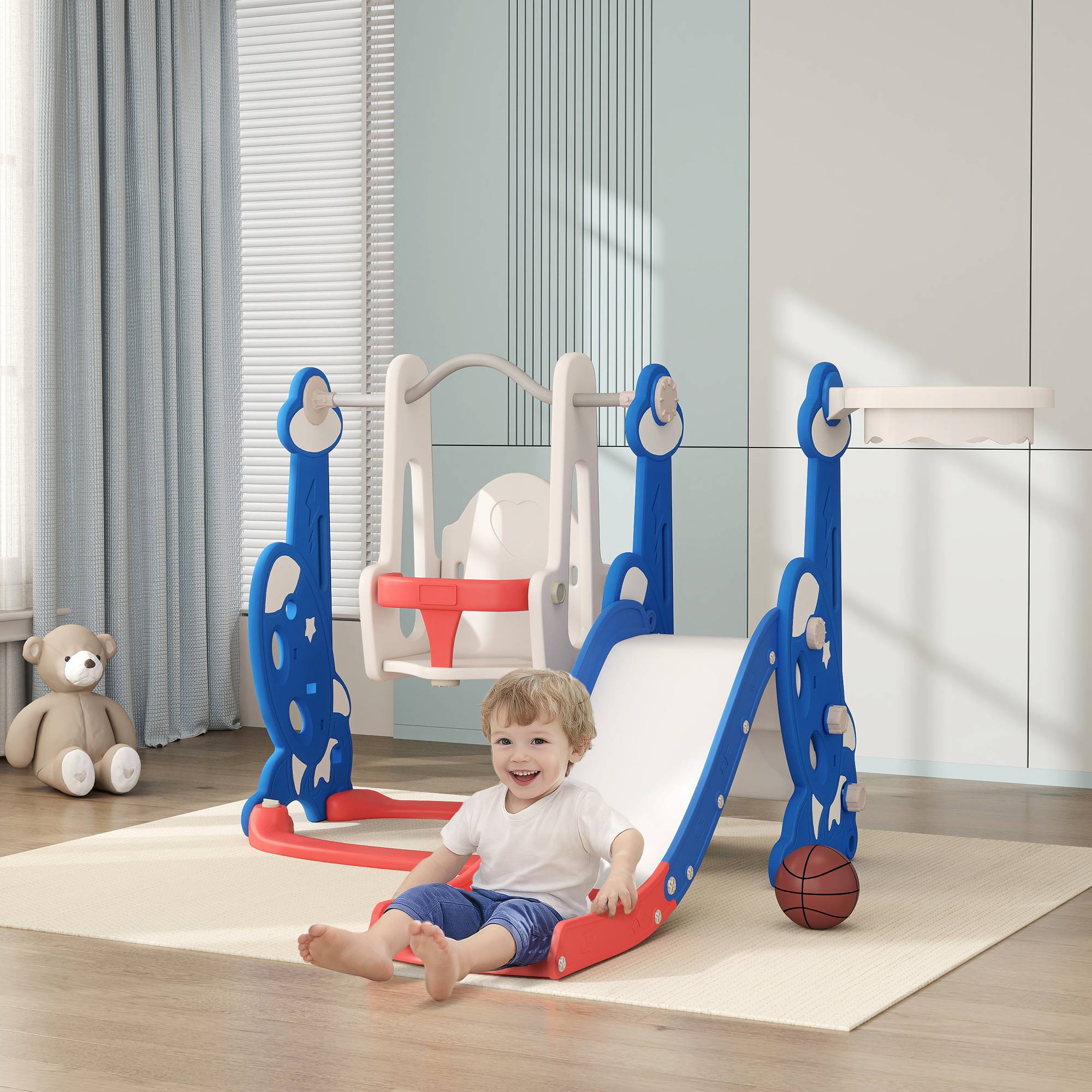 Toboggan enfant 4-en-1 avec balançoire, échelle d’escalade et panier de basket, pour 18 à 48 mois, bleu foncé, jeu ludique et sécurisé - Image 1
