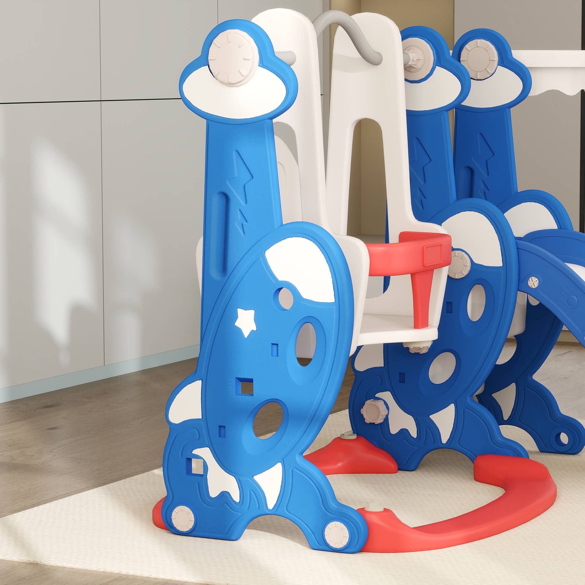 Toboggan enfant 4-en-1 avec balançoire, échelle d’escalade et panier de basket, pour 18 à 48 mois, bleu foncé, jeu ludique et sécurisé - Image 8
