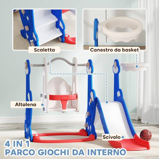 Toboggan enfant 4-en-1 avec balançoire, échelle d’escalade et panier de basket, pour 18 à 48 mois, bleu foncé, jeu ludique et sécurisé - Image 4