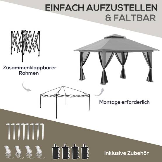 Tonnelle Pliante 4x4m Acier Jardin Pop-Up Moustiquaire UV50+ Gris - ComfortXL Outdoor Living - Image 5