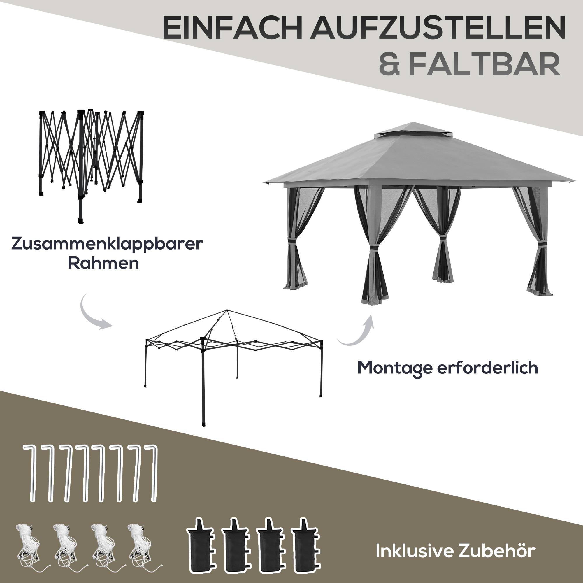 Tonnelle Pliante 4x4m Acier Jardin Pop-Up Moustiquaire UV50+ Gris - ComfortXL Outdoor Living - Image 5