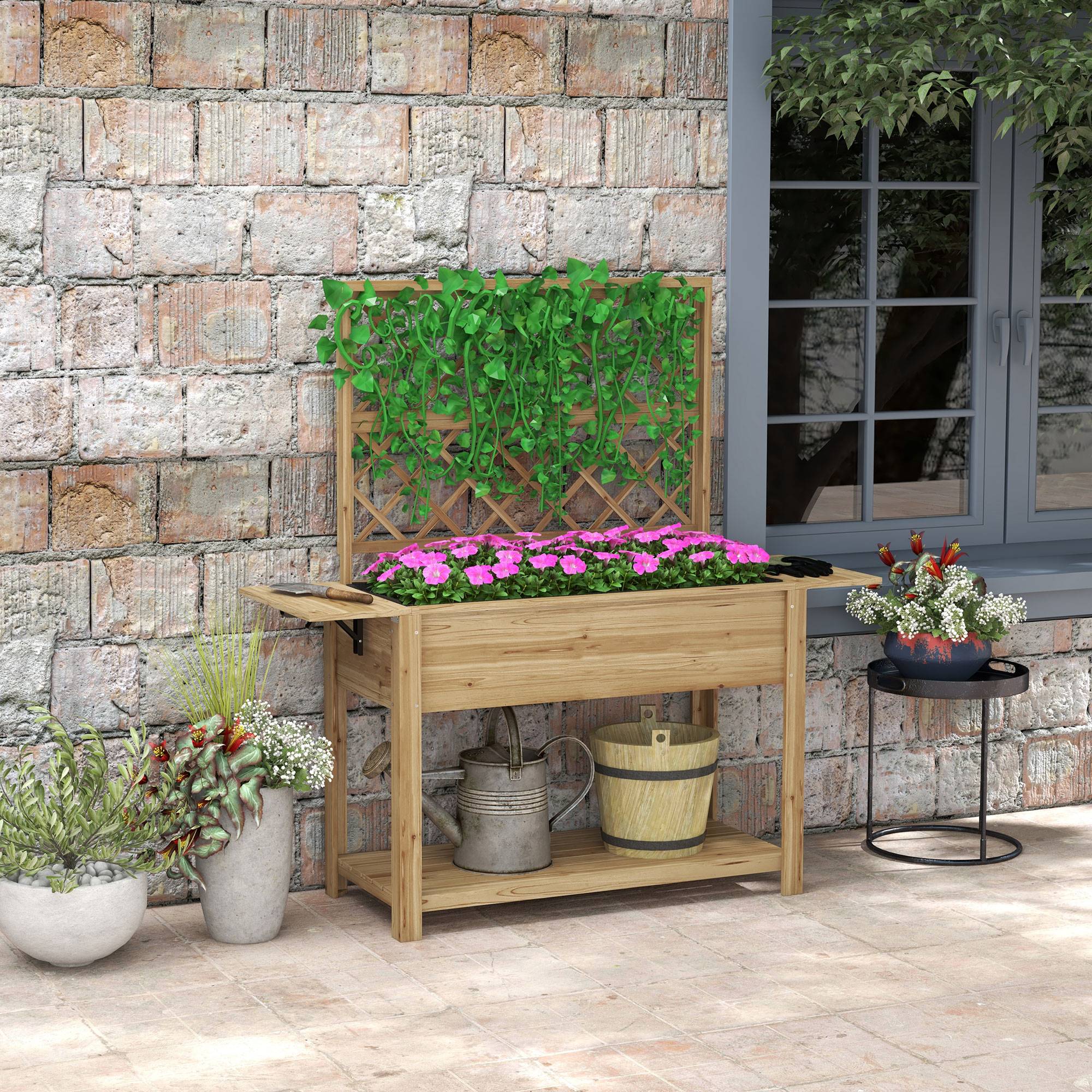 Maison Chic - Jardinière rectangulaire sur pieds avec treillis 2 tablettes latérales rabattables 1 étagère inférieure bois - Image 4