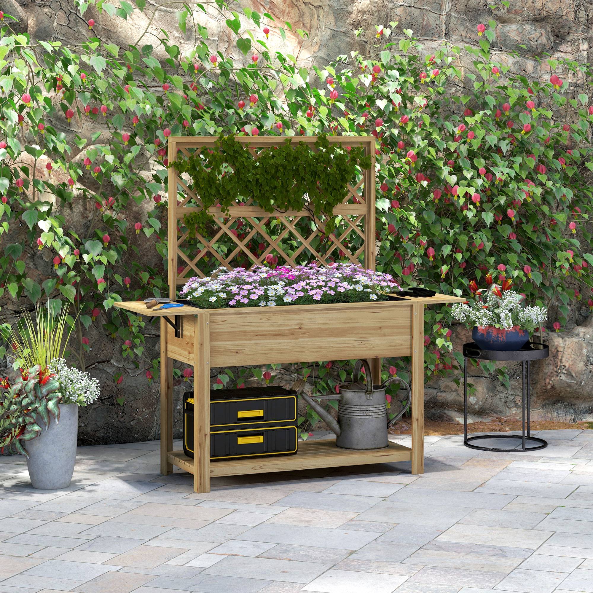 Maison Chic - Jardinière rectangulaire sur pieds avec treillis 2 tablettes latérales rabattables 1 étagère inférieure bois - Image 2