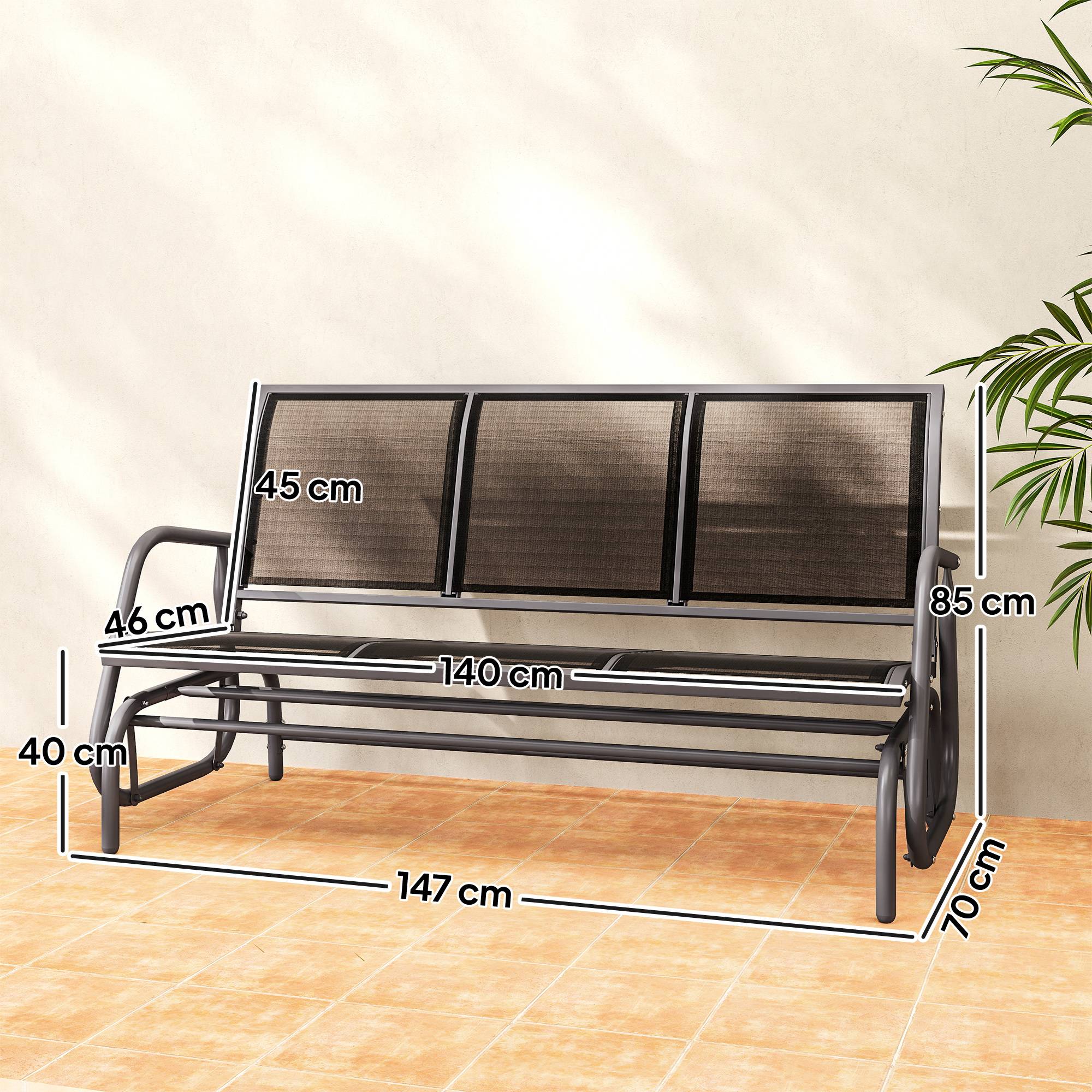 Banc de jardin à bascule 3 places, mécanisme de bascule, capacité 300 kg, 147 x 70 x 85 cm, Gris foncé - Image 3