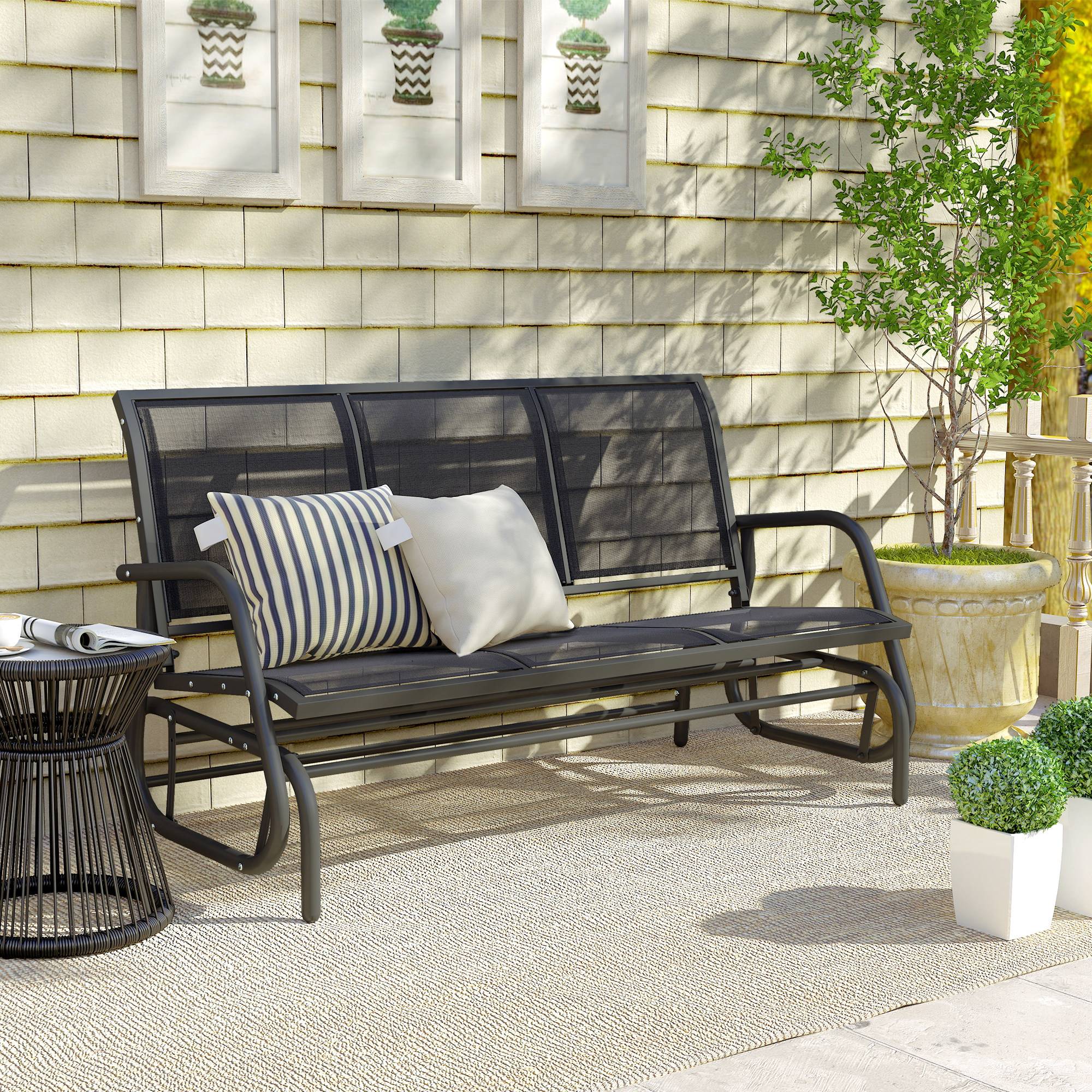 Banc de jardin à bascule 3 places, mécanisme de bascule, capacité 300 kg, 147 x 70 x 85 cm, Gris foncé - Image 9