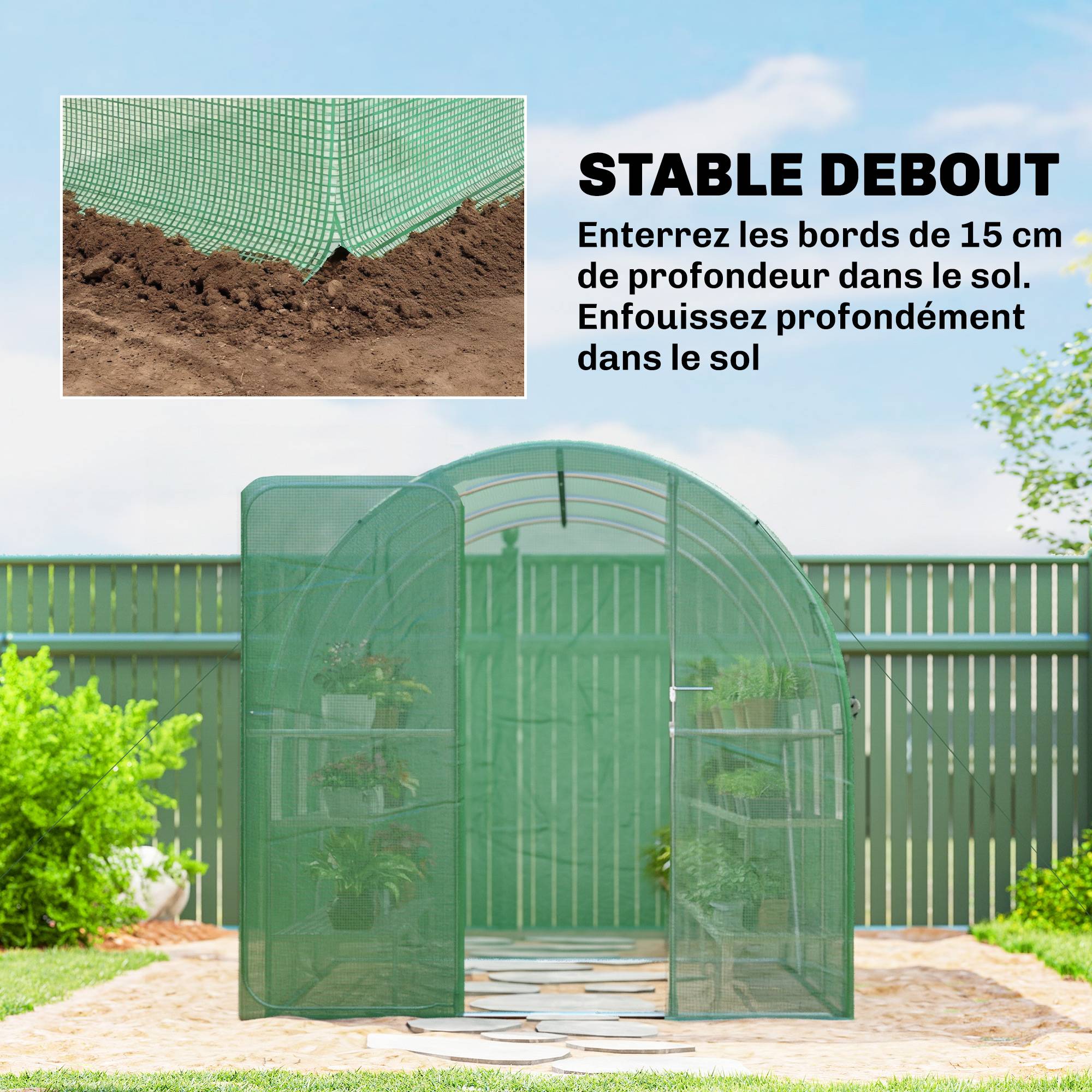 Sans Marque - Serre tunnel de jardin 6m², serre de jardin tunnel 200x300x200cm porte et 6 fenêtres, bâche PE 140 g/m² vert - Image 10