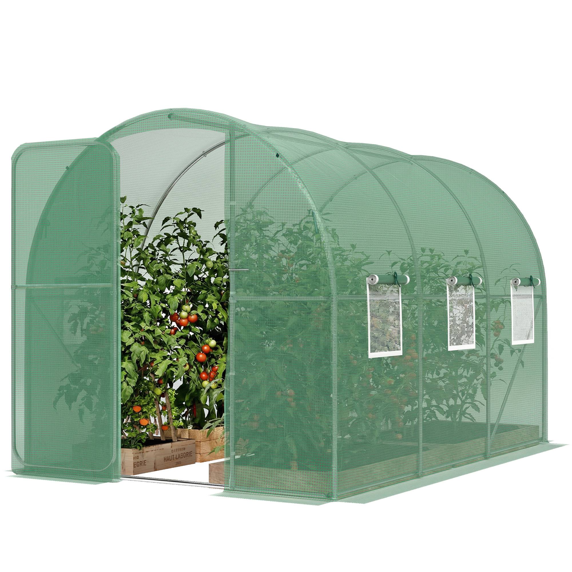 Sans Marque - Serre tunnel de jardin 6m², serre de jardin tunnel 200x300x200cm porte et 6 fenêtres, bâche PE 140 g/m² vert - Image 2