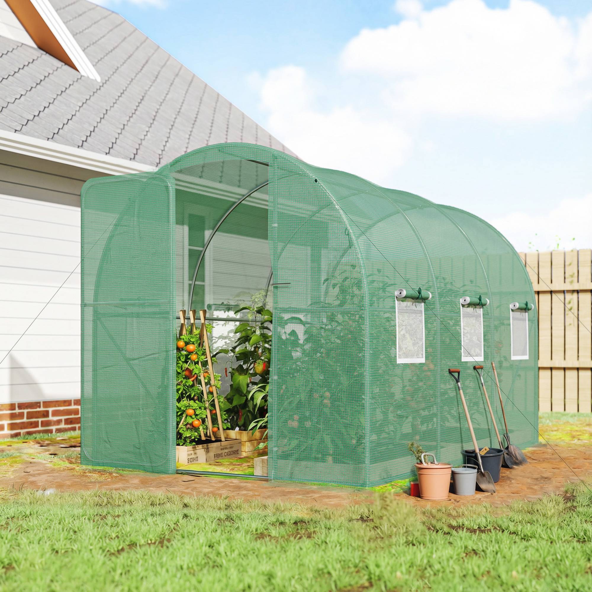Sans Marque - Serre tunnel de jardin 6m², serre de jardin tunnel 200x300x200cm porte et 6 fenêtres, bâche PE 140 g/m² vert - Image 3