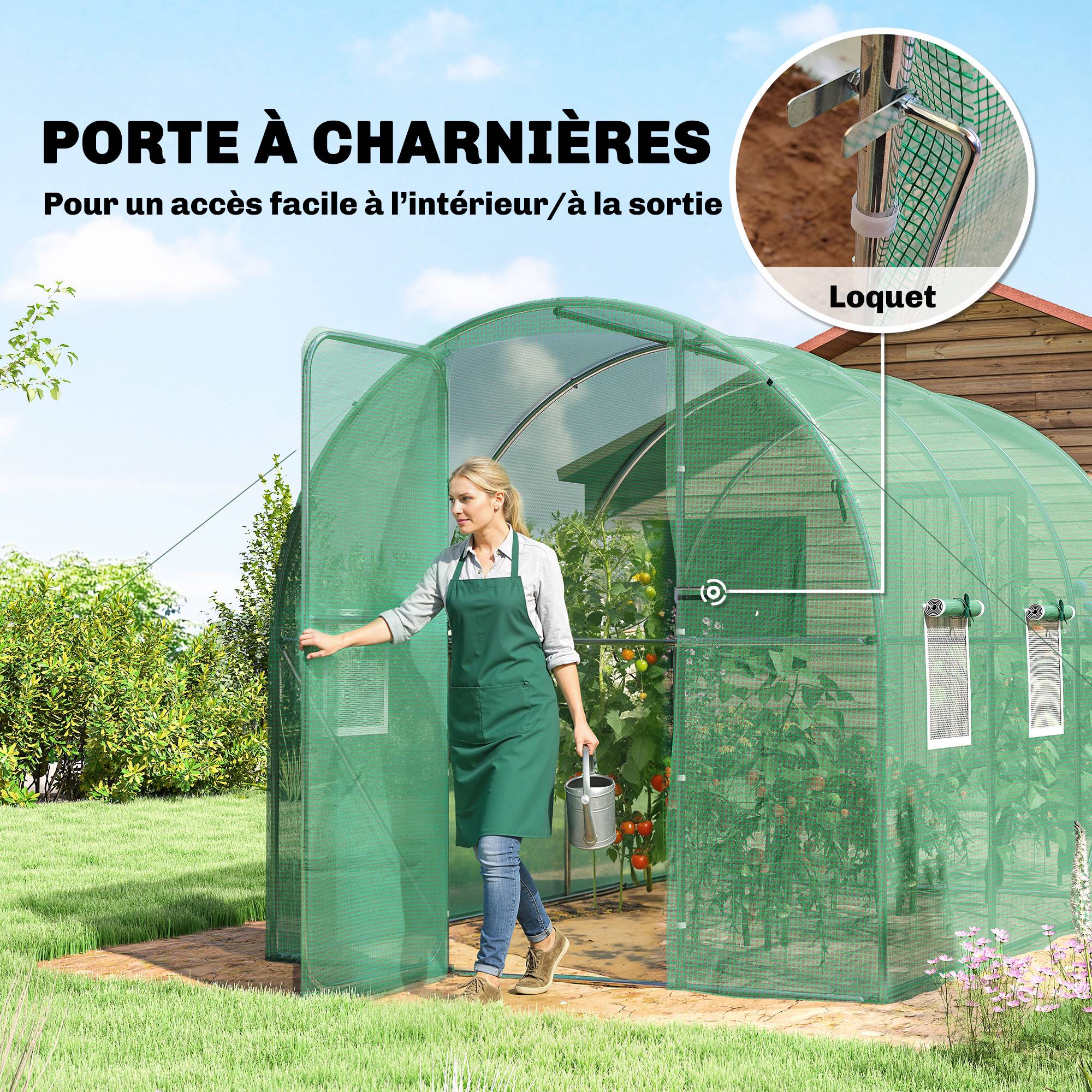 Sans Marque - Serre tunnel de jardin 6m², serre de jardin tunnel 200x300x200cm porte et 6 fenêtres, bâche PE 140 g/m² vert - Image 7