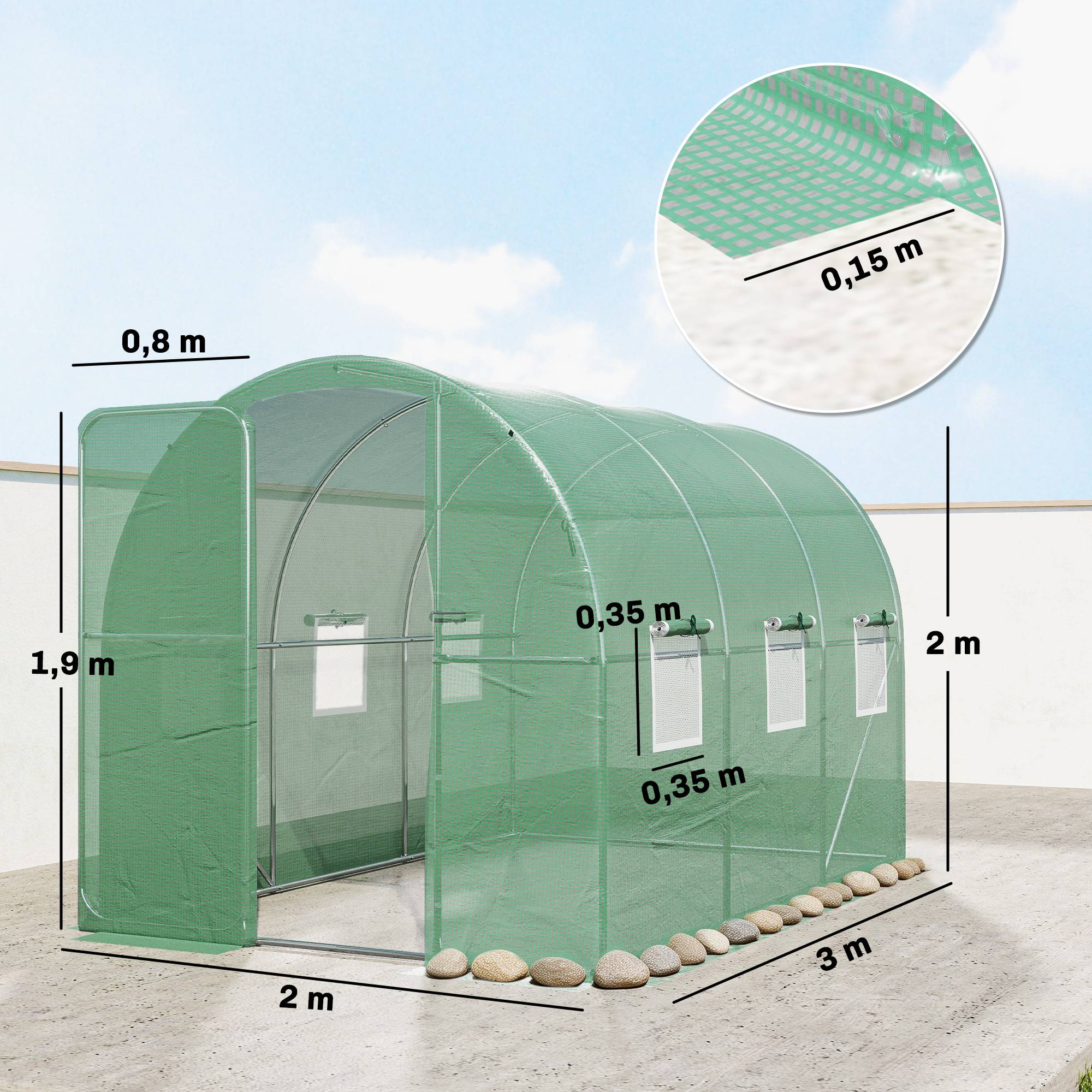 Sans Marque - Serre tunnel de jardin 6m², serre de jardin tunnel 200x300x200cm porte et 6 fenêtres, bâche PE 140 g/m² vert - Image 5