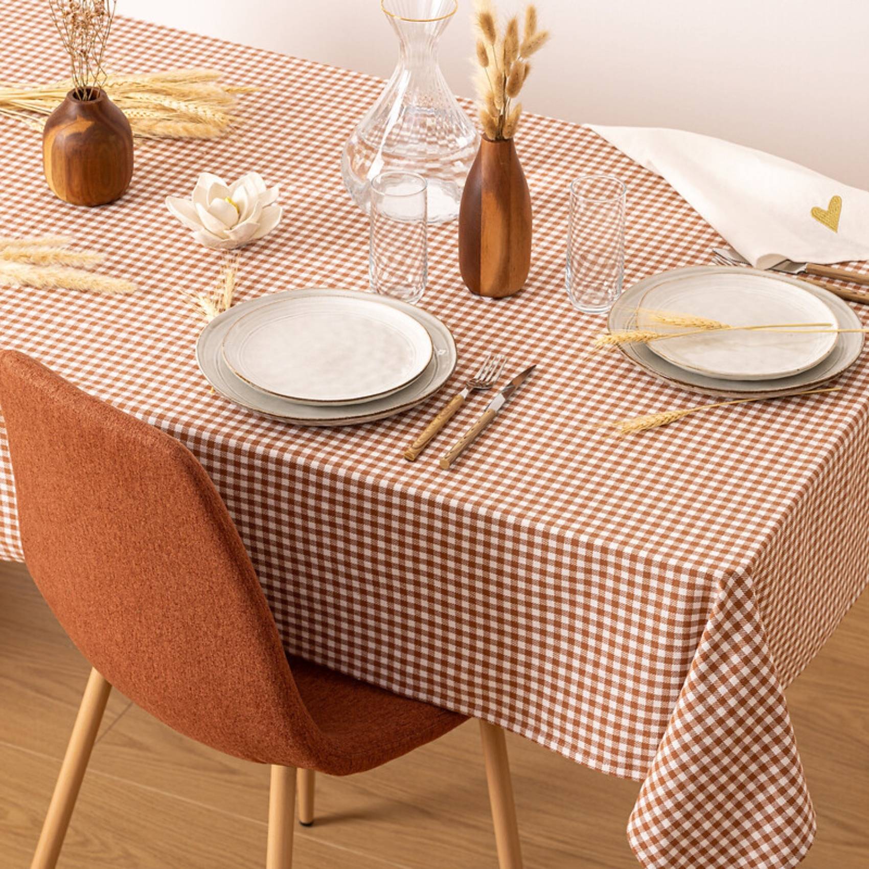 Nappe en coton Vichy Ivoire et Terracotta 150 x 250 cm - Image 3