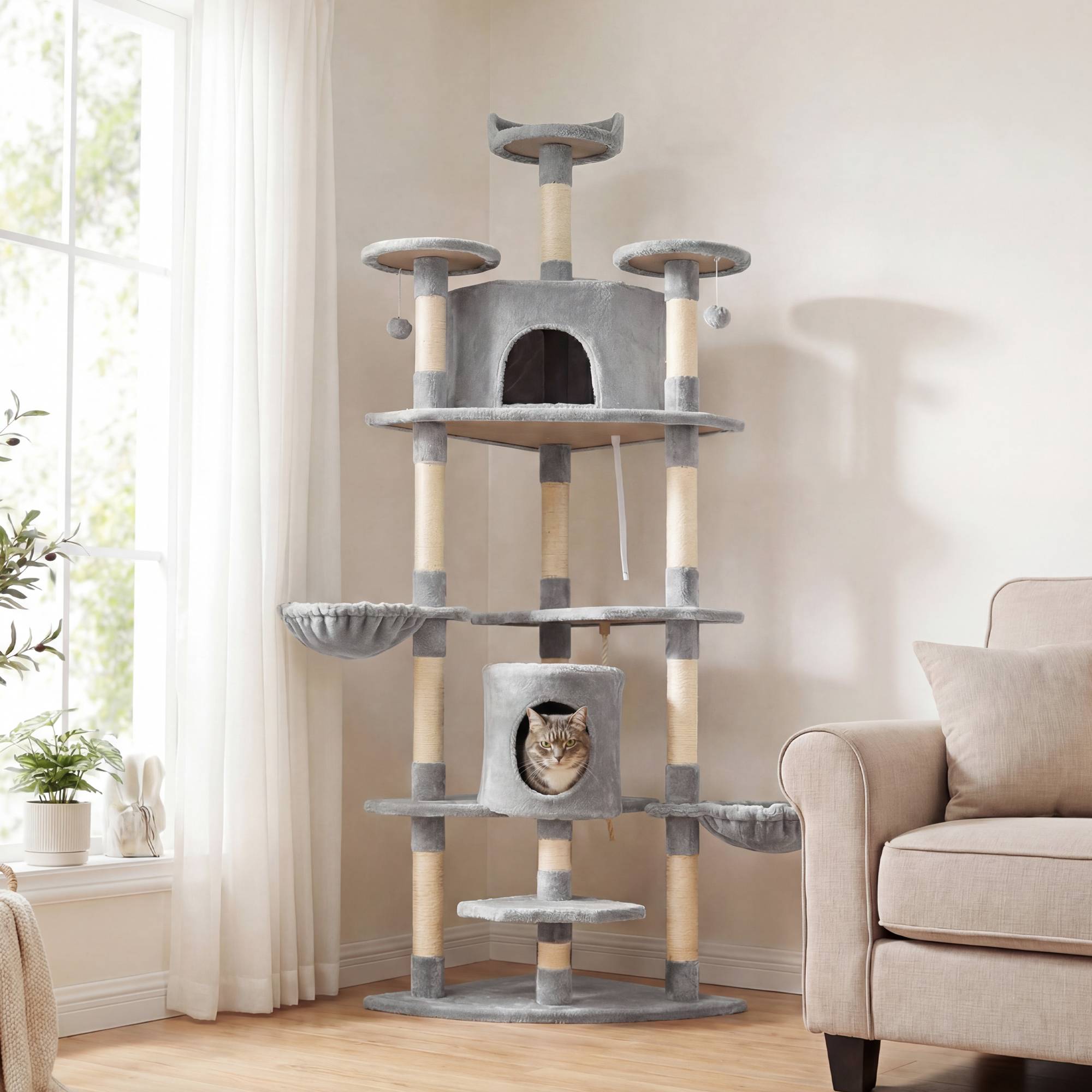 arbre à chat haut niches hamacs 60x60x200 cm gris clair grand chat griffoir structure stable intérieur - Image 3