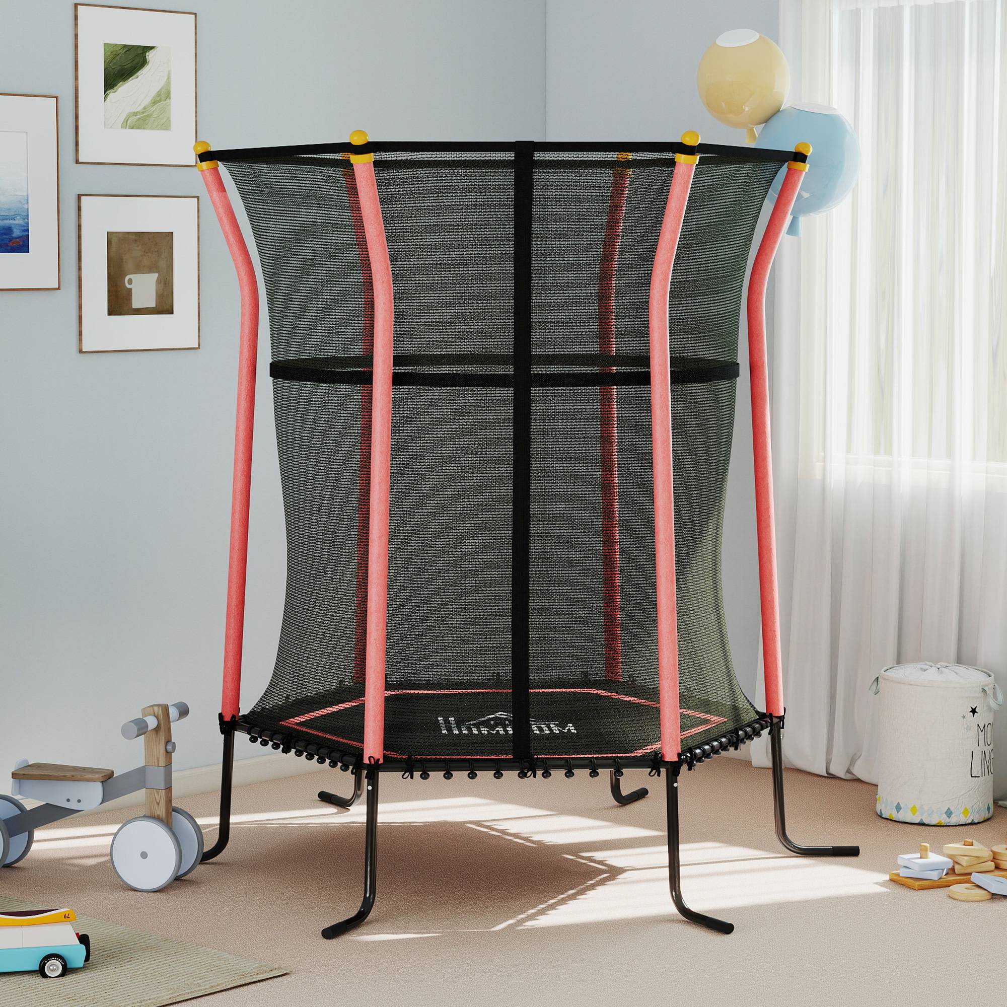 Trampoline pour enfant Ø 1,63 x 1,9 m filet de sécurité porte zippée 6 poteaux rembourrés inclus rouge noir - Image 4