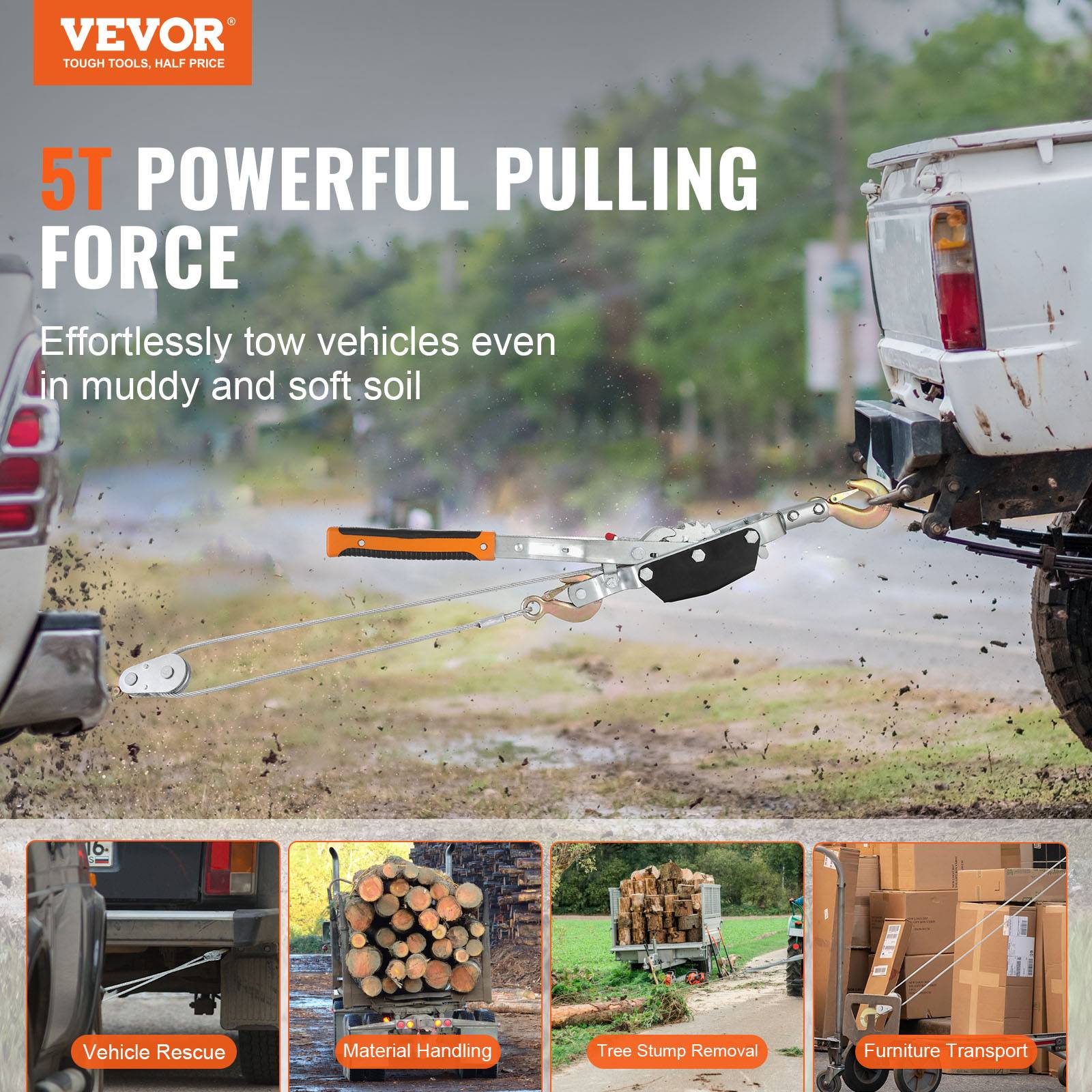 VEVOR Tire-fort 5 T, treuil manuel à cliquet. Câble acier 3,5 m, 3 crochets. Pour extraction, sauvetage, déplacement. - Image 2