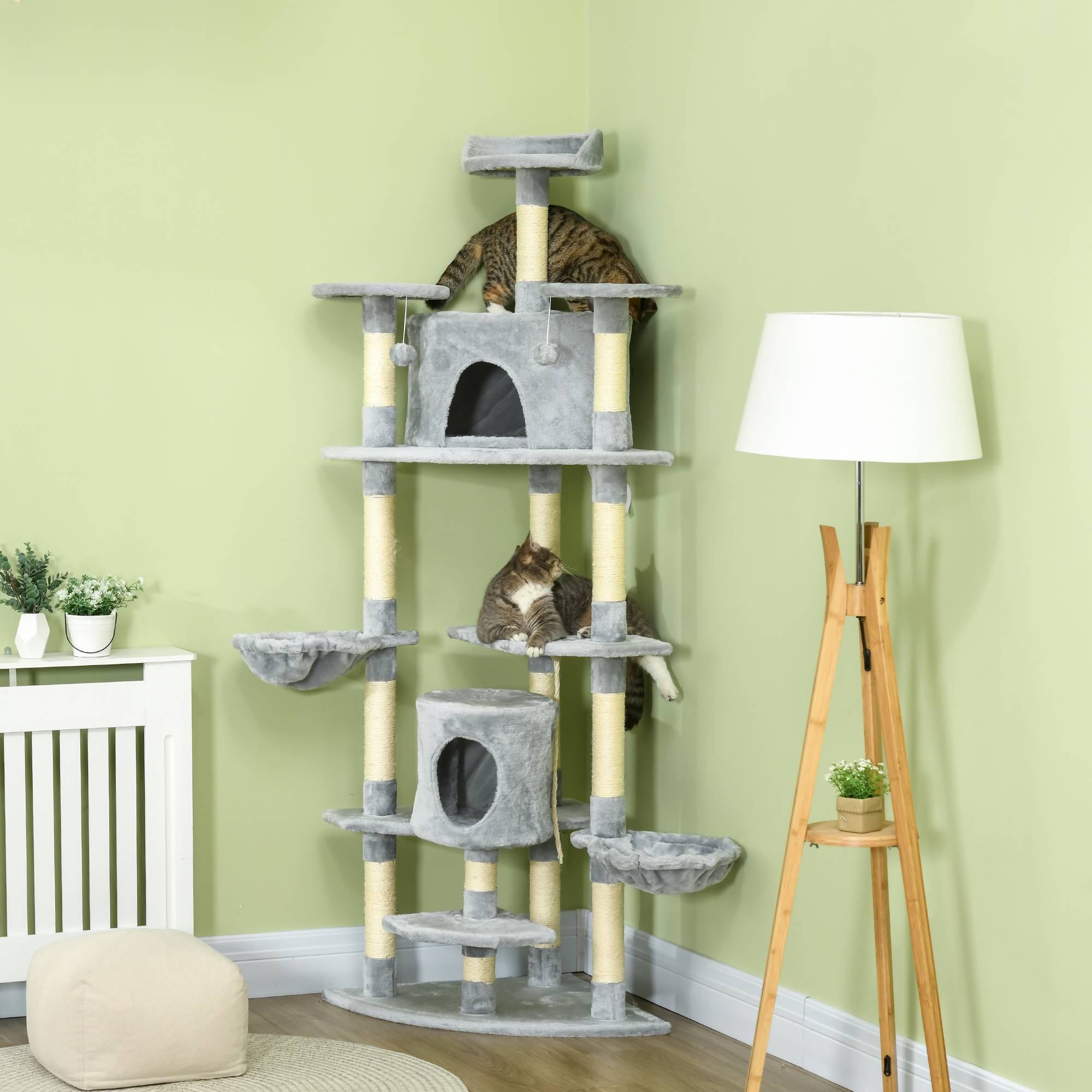 Arbre à chat XXL avec deux niches et hamacs gris clair 60 x 60 x 200 cm - PANGIVO - Image 2