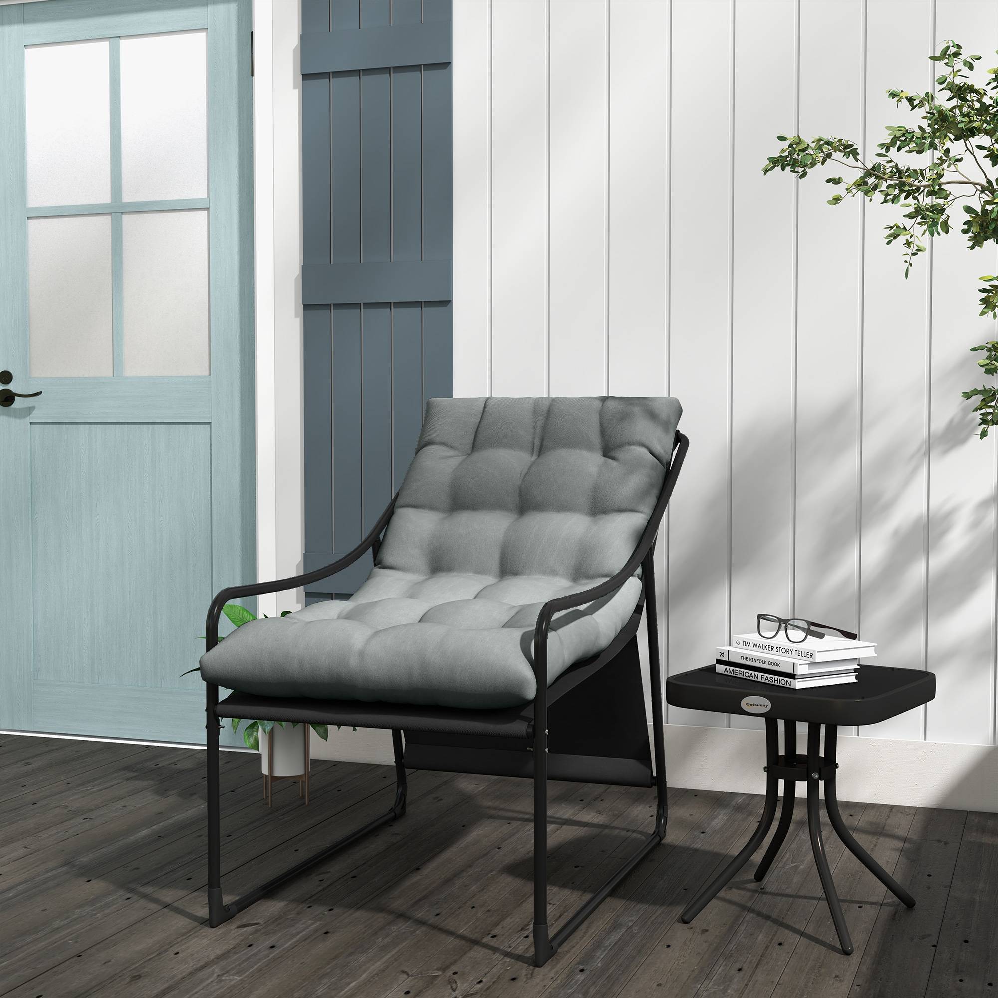 Fauteuil de jardin avec coussin d'assise épais et accoudoirs, pour jardin et balcon, gris - Image 2