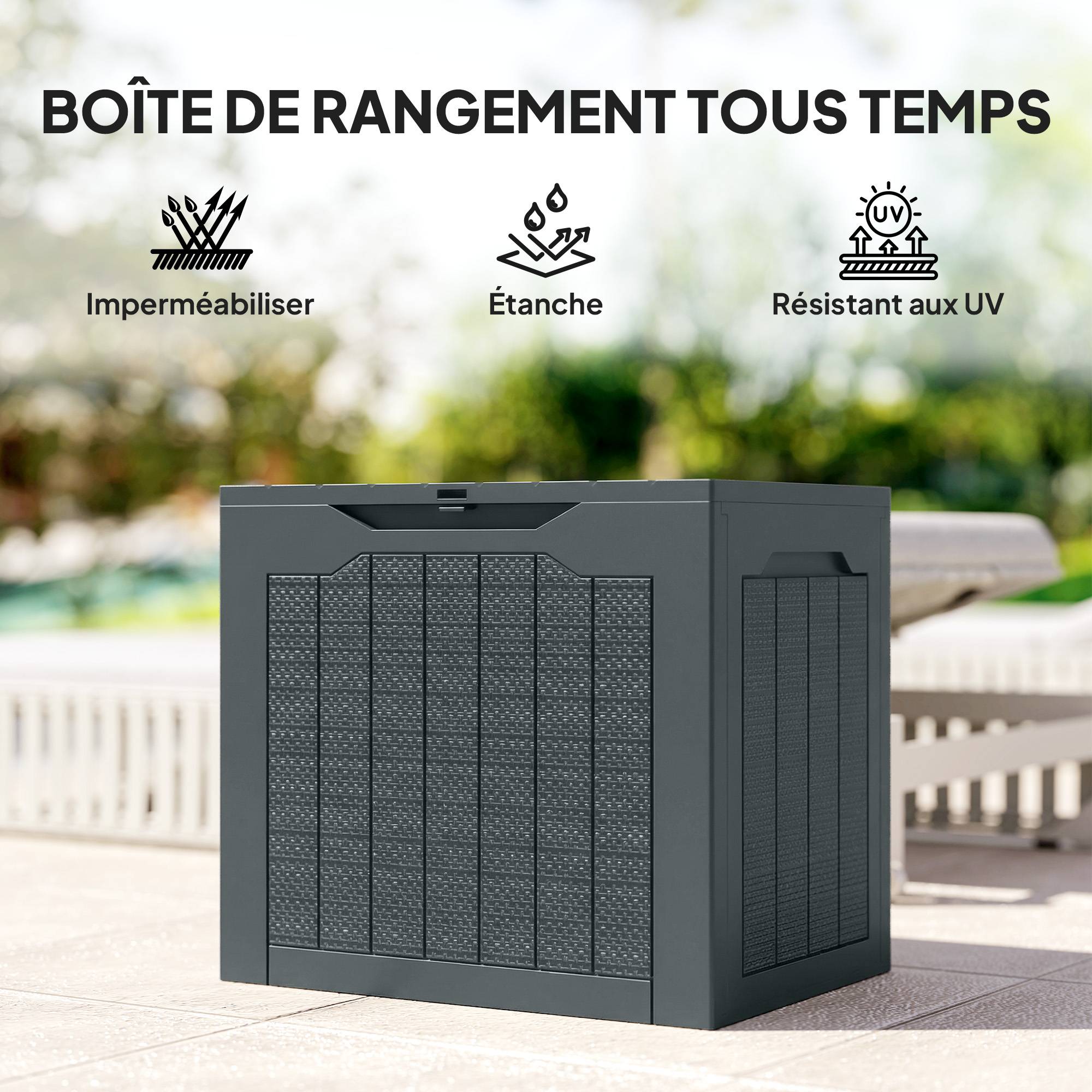 Coffre de rangement extérieur 97L avec poignées encastrées, malle de rangement extérieur étanche 56x41x50cm, gris foncé - Image 9