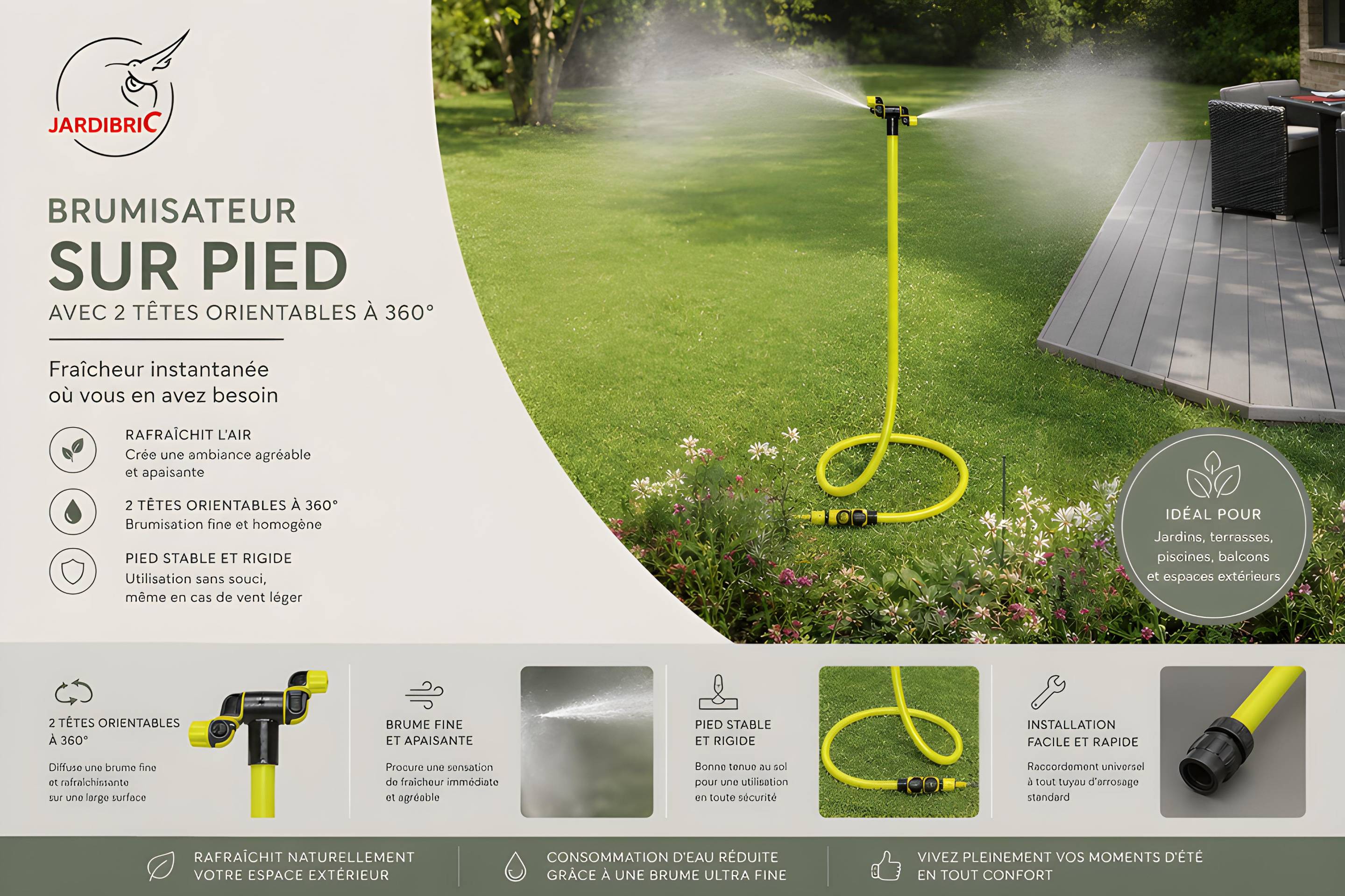 Jardibric - Brumisateur Jardin Extérieur sur Pied Jardibric 2 Têtes Orientables 360 Degrés Buse PVC Interchangeable Pied Stable Rigide Brumisateur Cobra - Image 2