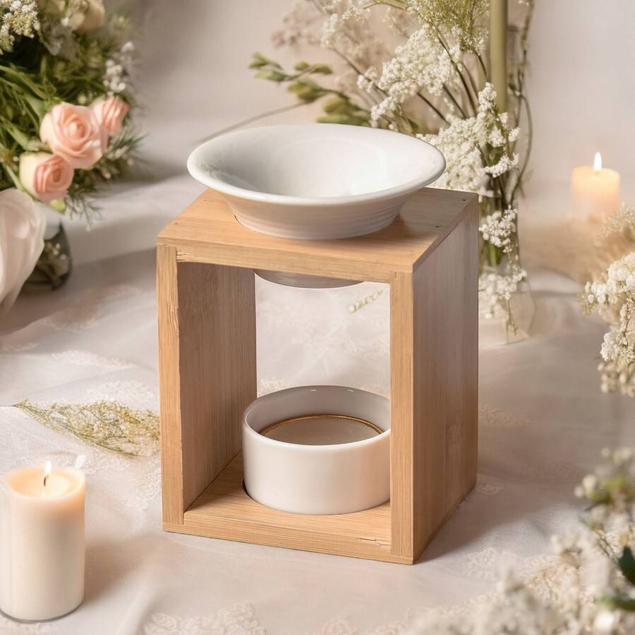 Brûle Parfum Arina - Brûleur Fondant Parfumé – Diffuseur Huile Essentielle – Brûleur en céramique et bambou - H: 12cm - Zen'Arôme - Image 7