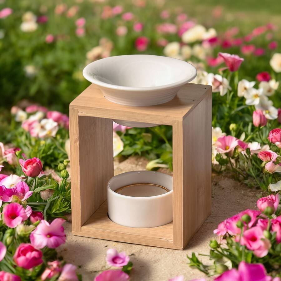 Brûle Parfum Arina - Brûleur Fondant Parfumé – Diffuseur Huile Essentielle – Brûleur en céramique et bambou - H: 12cm - Zen'Arôme - Image 1
